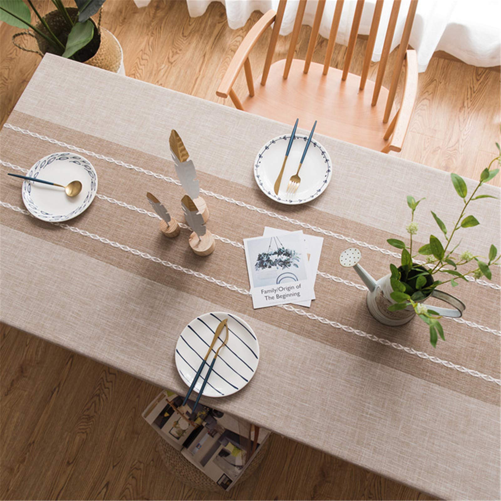 Premium Cotton Linen Embroidered Tablecloth with Tassel Trim - Light Coffee Rectangle Table Cover 55x86 Inch for Dining Room, Kitchen, Party & Home Decor - Perfect for Holiday Gatherings, Weddings and Everyday Use