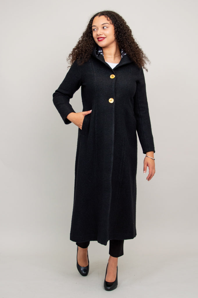 Premium Black Boiled Wool Catherine Coat for Women - Elegant Winter Outerwear for Office, Travel & Casual Wear