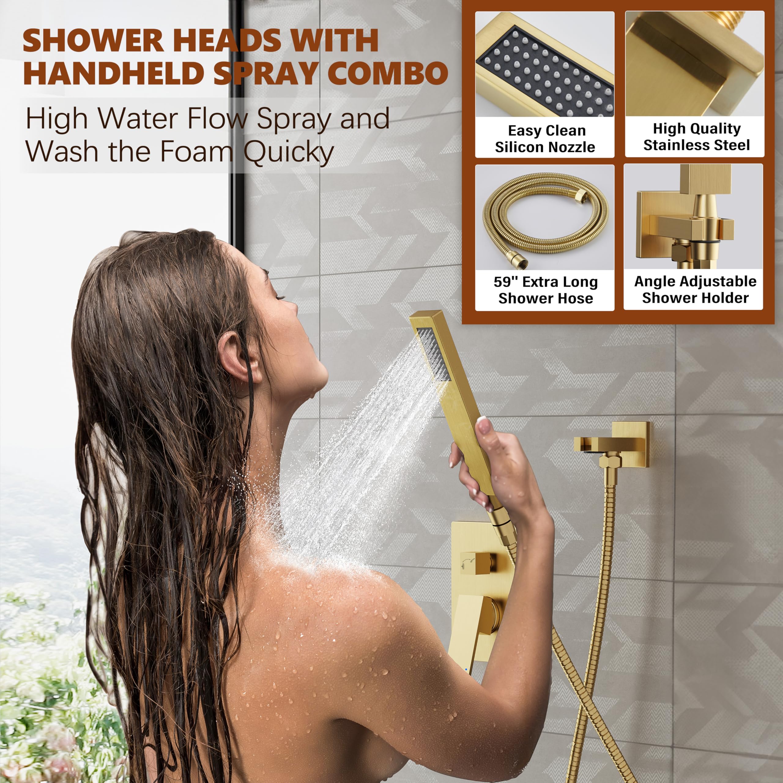 Brushed Gold Shower System - 10 Inch Square Rainfall Shower Head with Handheld Spray Combo, Wall Mounted Bathroom Faucet Set Includes Valve, 59