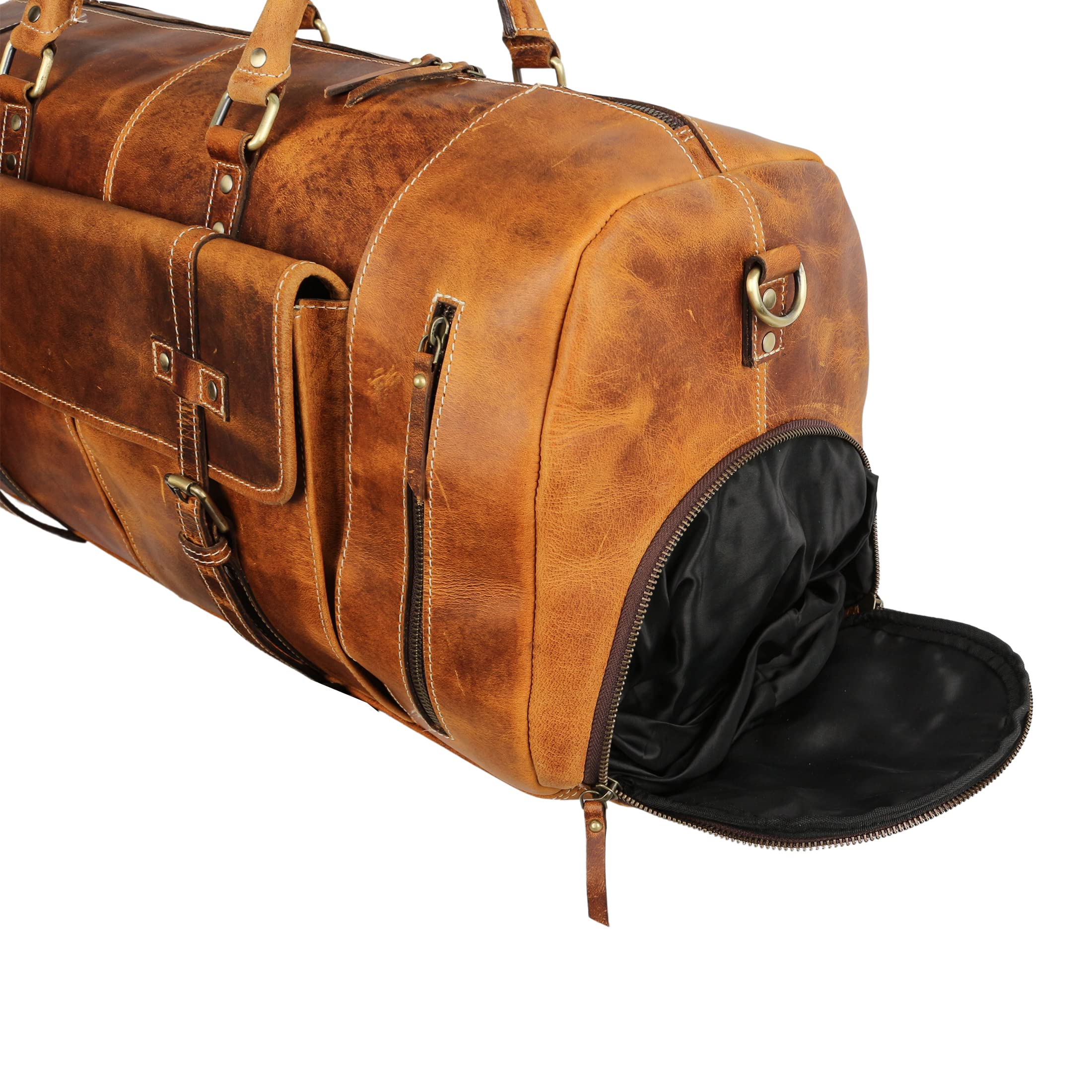 Premium 24 Inch Full Grain Leather Duffel Bag for Men & Women - Tan Travel Gym Duffle with Shoe Pocket - Perfect for Overnight Trips, Weekend Getaways & Sports Gear Storage