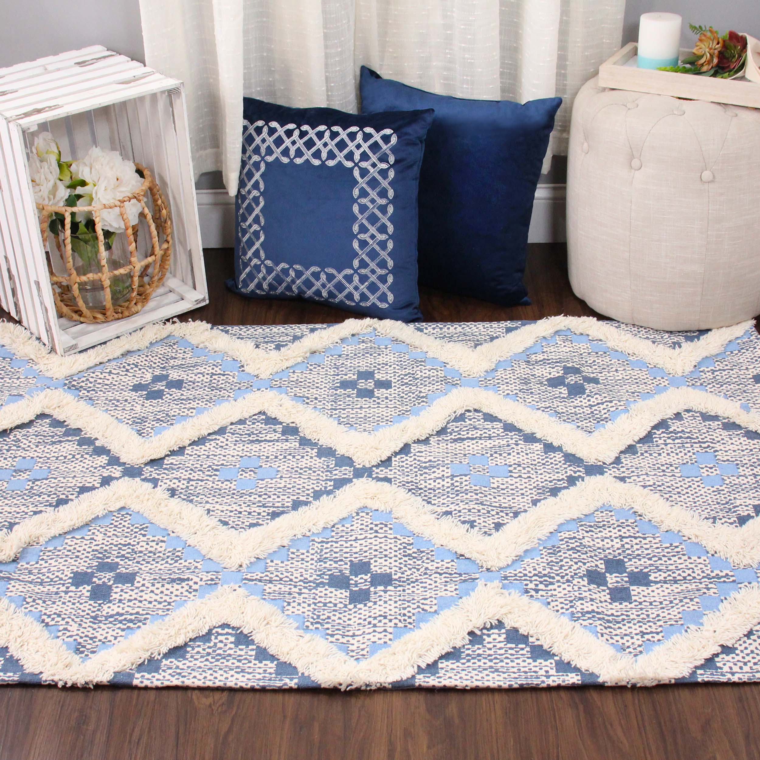 Hand Tufted Cotton Wool Geometric Farmhouse Area Rug - Soft Textured Boho Chic Rug for Living Room, Bedroom, Dining Room Decor