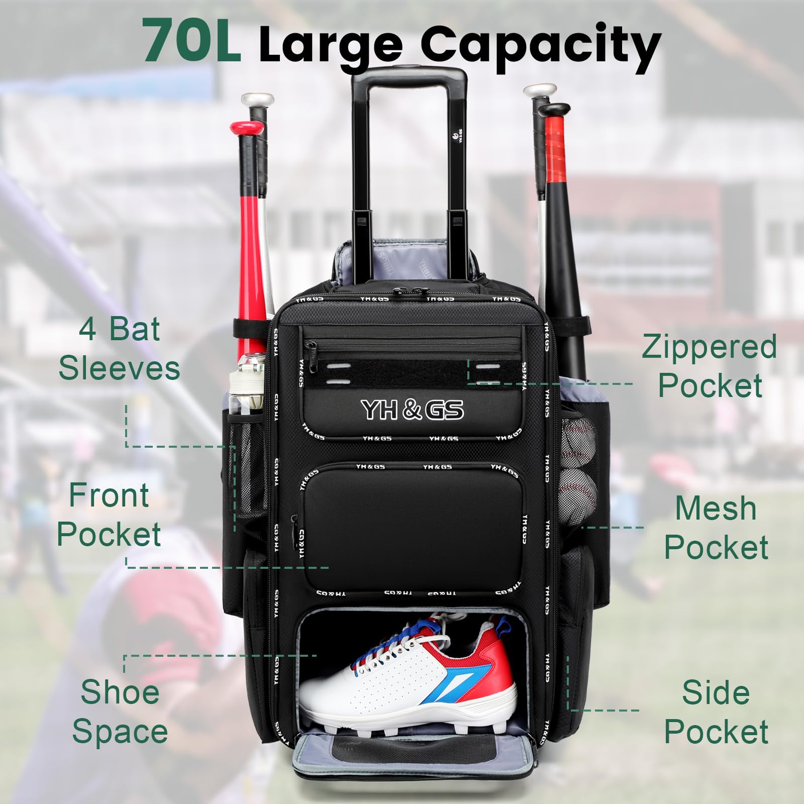**Rolling Baseball Bag with Wheels - Lightweight Wheeled Softball Equipment Bag for T-Ball & Baseball, Includes Fence Hook & Shoe Compartment - Perfect for Travel, Practice & Games**