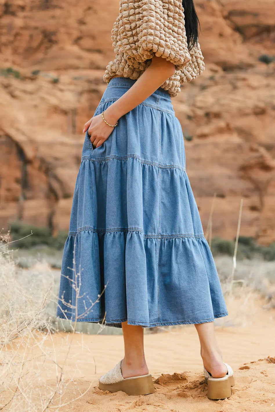 Joannie Tiered Denim Skirt for Women - Distressed Vintage High Waist A-Line Skirt | Perfect for Casual Outfits, Summer Dresses & Boho Style