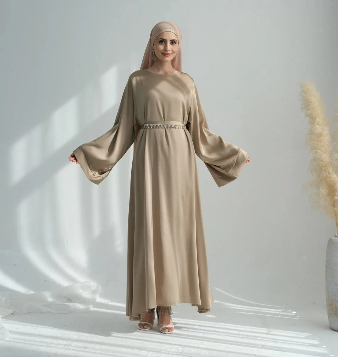 Elegant Crystal Belt Satin Abaya Dress with Matching Hijab - Modest Islamic Prayer Dress for Women - Perfect for Eid, Wedding & Special Occasions
