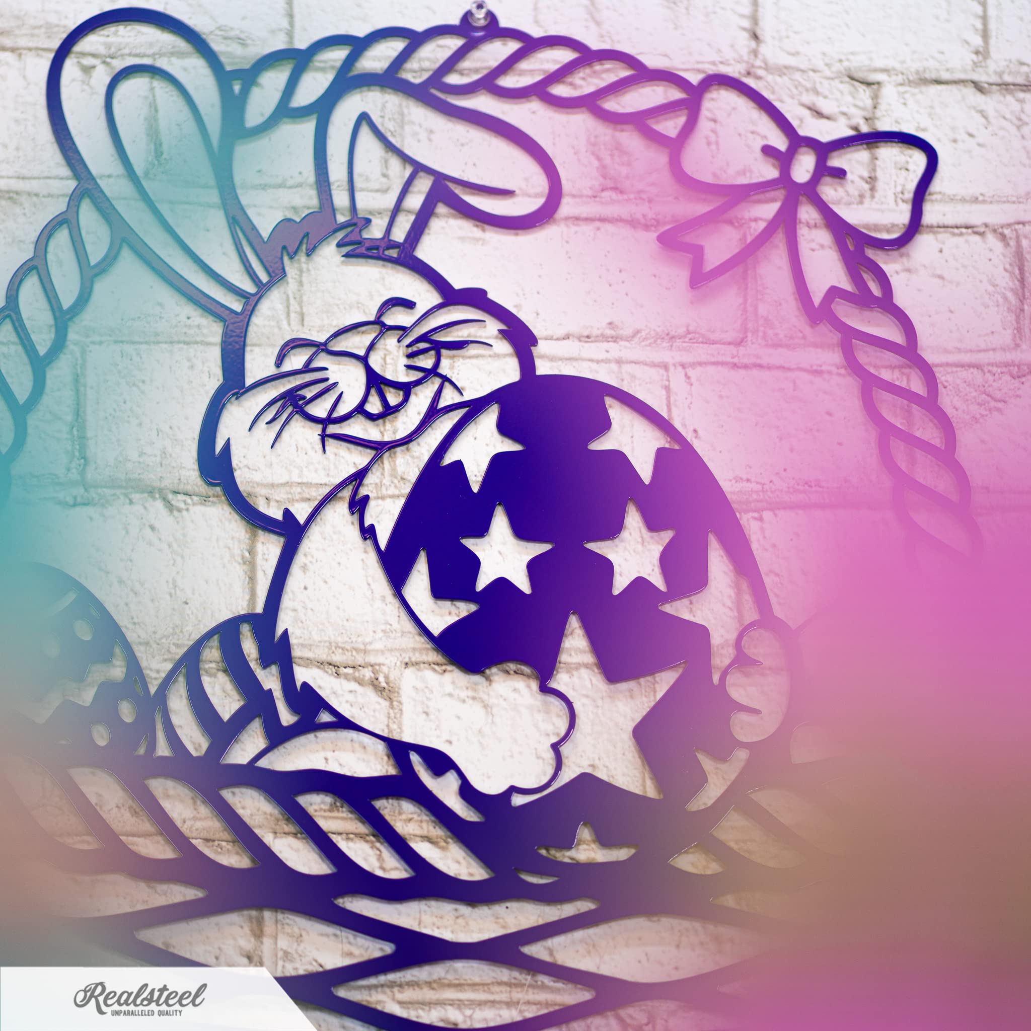 RealSteel Easter Bunny Monogram - Custom Spring Home Decor - Personalized Rabbit & Easter Egg Basket Wall Art - Rustic 18x13.5 Inch - Perfect for Easter Gifts, Nursery Decor & Spring Living Room Accents