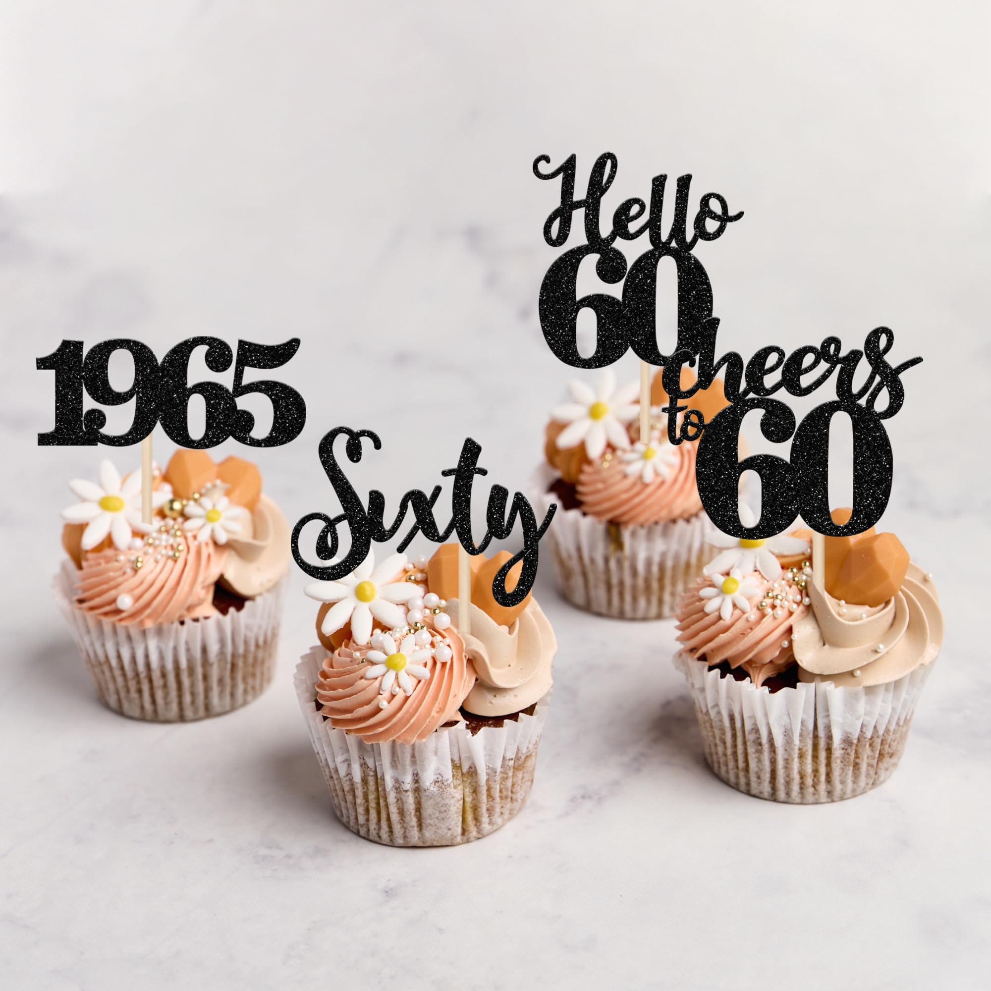 24 PCS Black Glitter 60th Birthday Cupcake Toppers - Hello 60 Sixty Cake Decorations for Happy 60th Birthday, Retirement Party, Anniversary - Cheers to 60 Since 1965 - Perfect for Milestone Celebrations & Cake Decorating Supplies