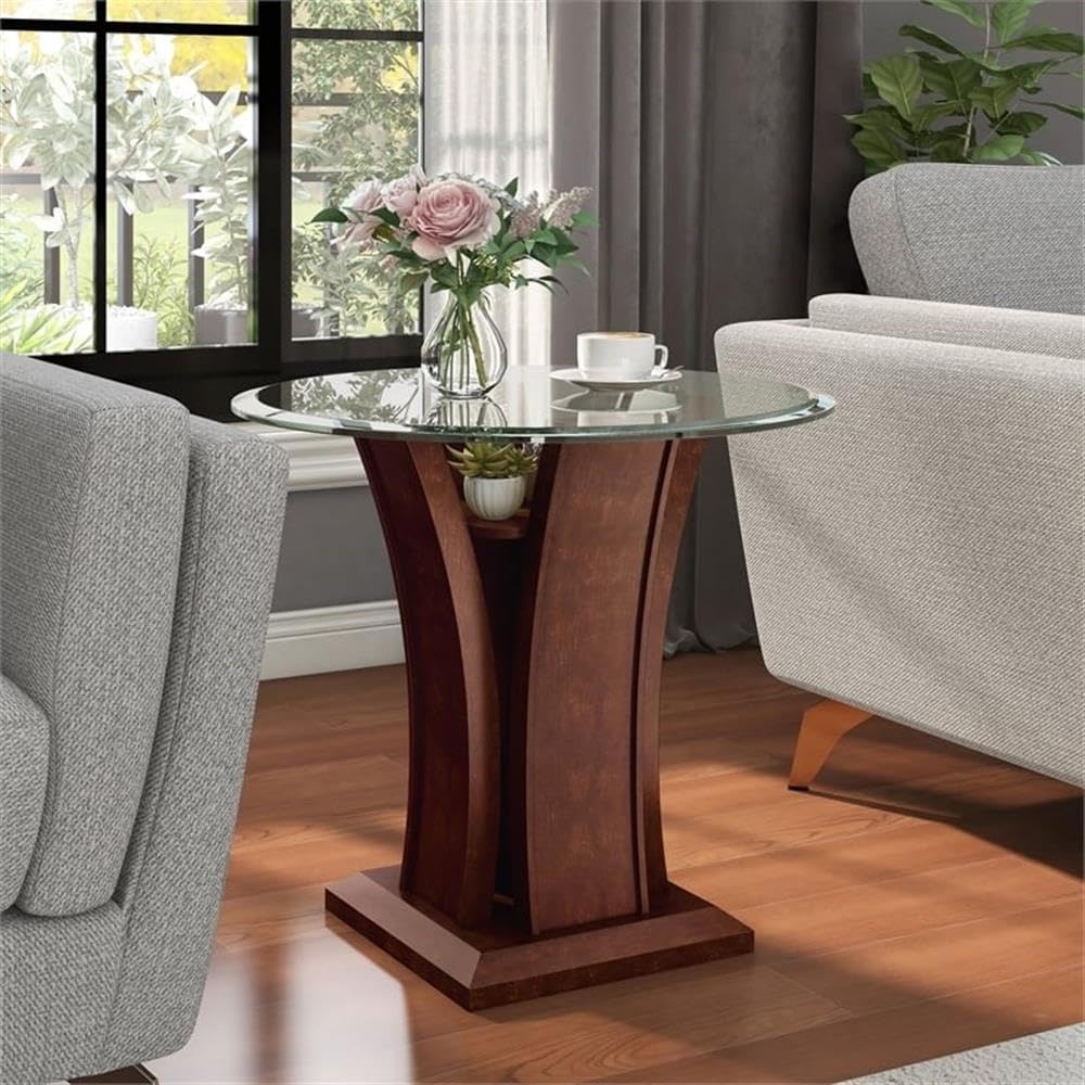 BOWERY HILL Modern End Table - Solid Wood, Wood Veneer & MDF with Glass Top in Cherry Finish | Perfect for Living Room, Bedroom or Office Decor