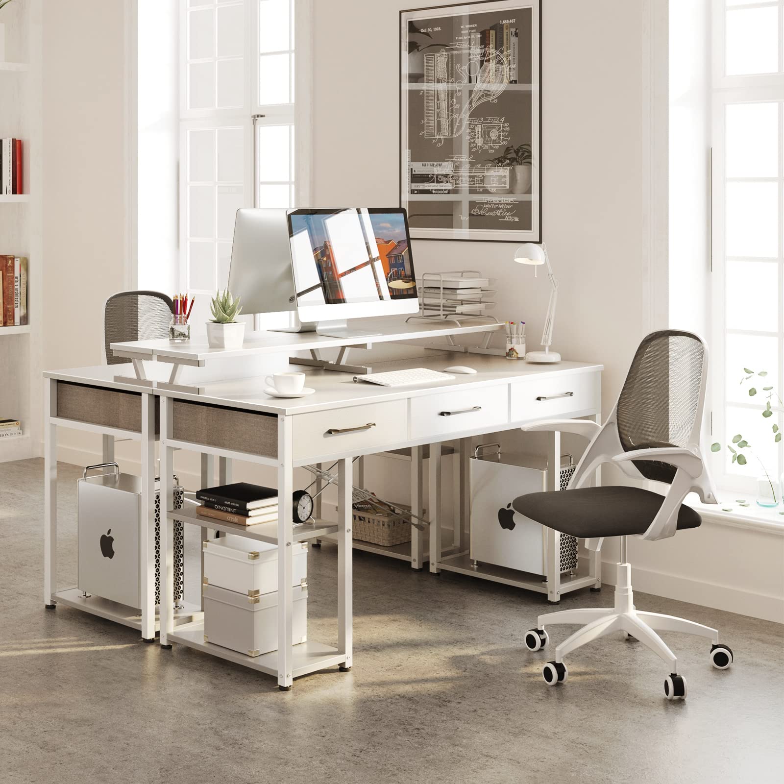 48 inch ODK Modern Computer Desk with Drawers & Storage Shelves - Home Office Desk with Monitor Stand, Space-Saving Writing Table for Small Spaces (White) - Perfect for Remote Work, Study & Home Office Setup