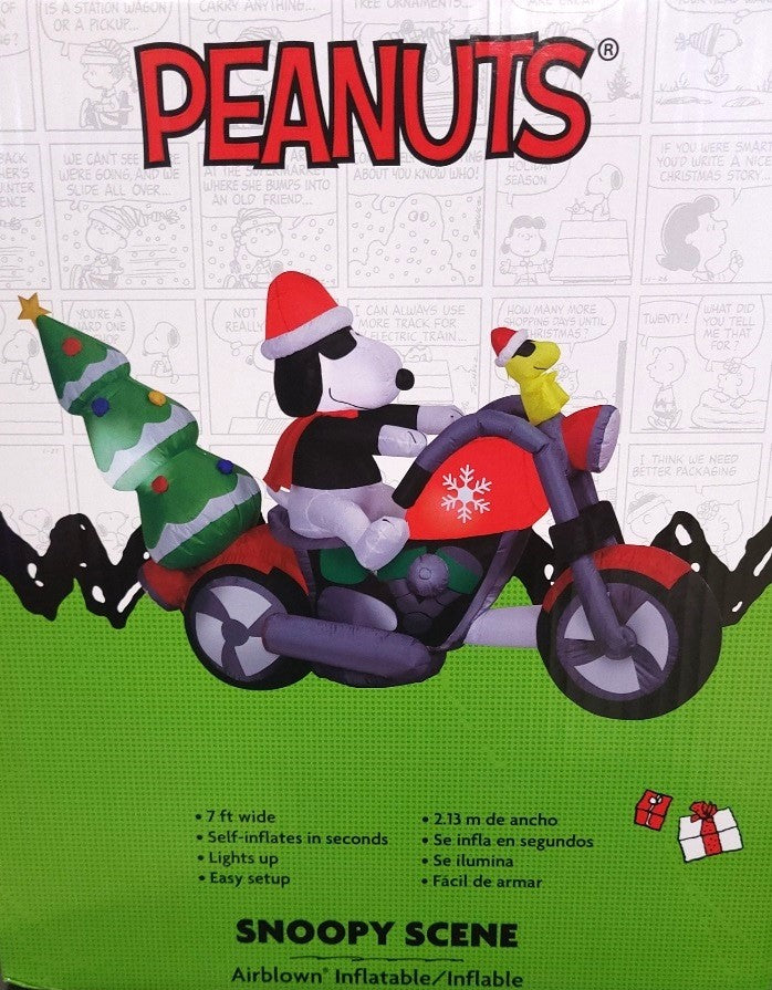 7' Airblown® Peanuts Snoopy & Woodstock Motorcycle LED Christmas Inflatable Yard Decoration - Outdoor Holiday Decor for Lawn, Garden, and Patio