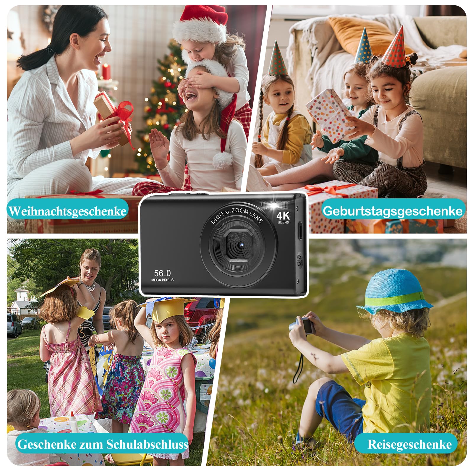 LanteXG 4K 56MP Digital Camera with 16x Zoom & 32GB Memory Card - Compact Point and Shoot Camera for Beginners - Perfect for Travel, Vlogging, and Family Photography (Black)