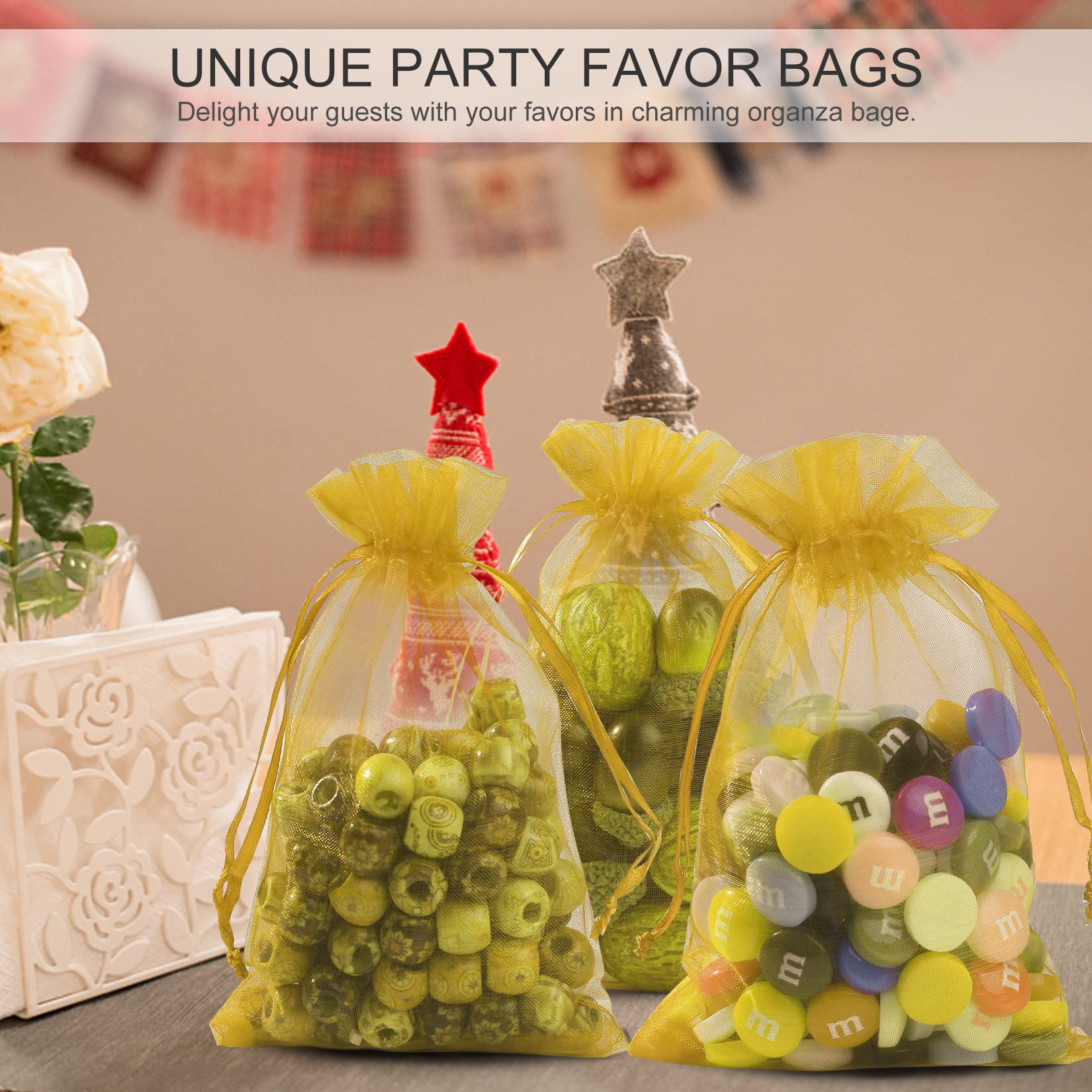 ANZNKU 100 Pack 4x6 Inch Premium Organza Drawstring Bags - Golden Jewelry Gift Bags for Wedding, Party & Christmas - Sheer Mesh Favor Bags for Rings, Candies, Small Gifts & Party Favors