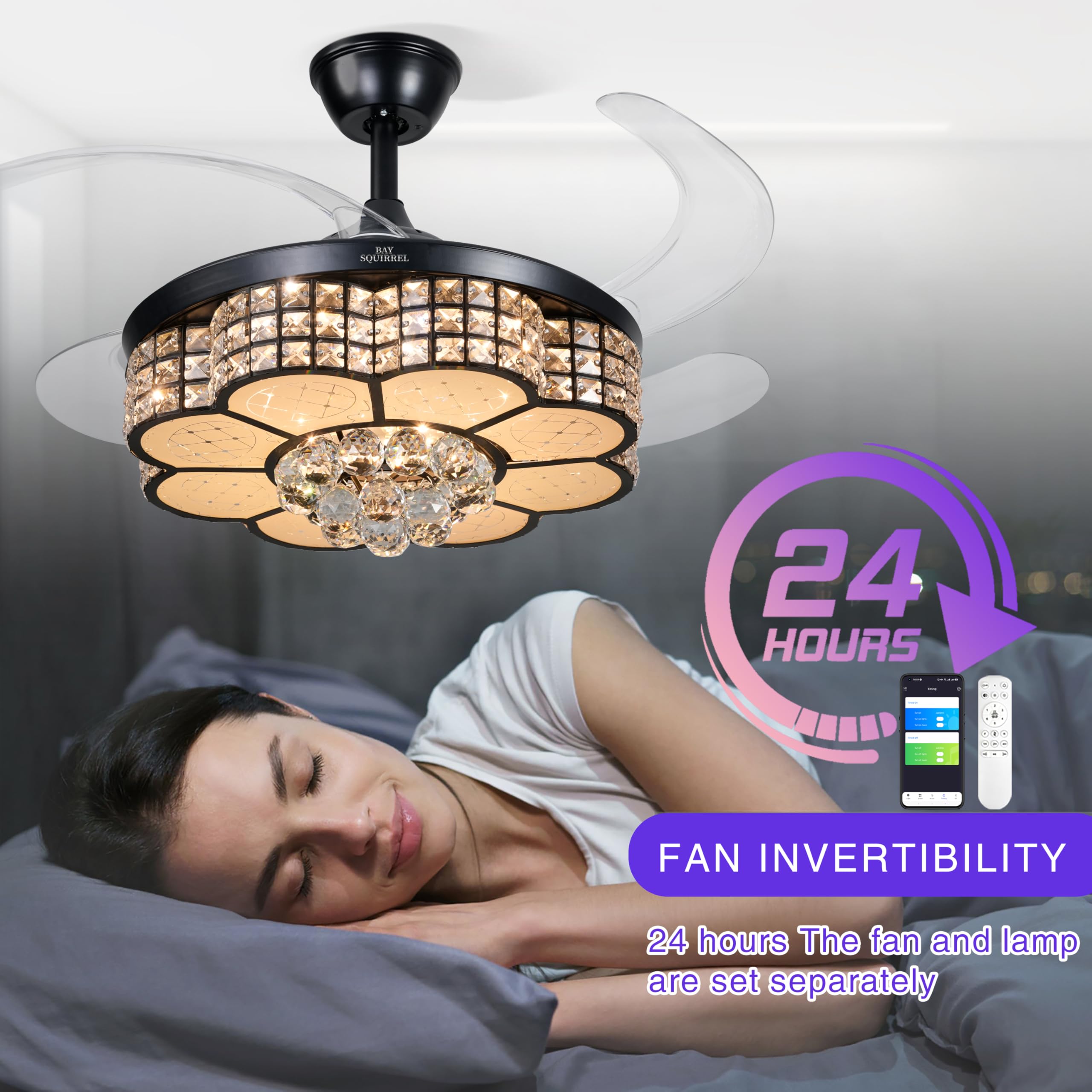 BAYSQUIRREL Retractable Crystal Ceiling Fan with Light - Bluetooth Smart Ceiling Fan with Speaker, Remote & App Control, 6 Speed Reversible Blades, RGB LED Dimmable Chandelier - Perfect for Living Room, Bedroom, and Dining Room