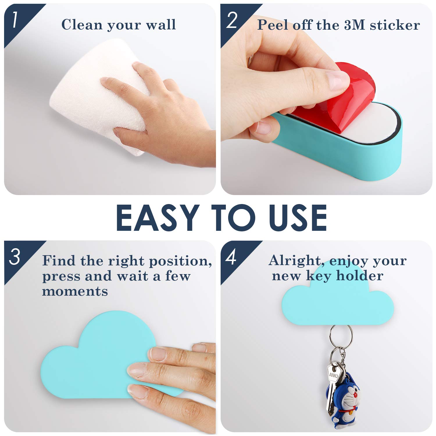 MoKo Magnetic Key Holder 2 Pack - Wall Mount Key Organizer with Adhesive Hooks & Magnetic Key Rings - Blue | Perfect for Home, Office, Entryway & Garage Door Key Storage