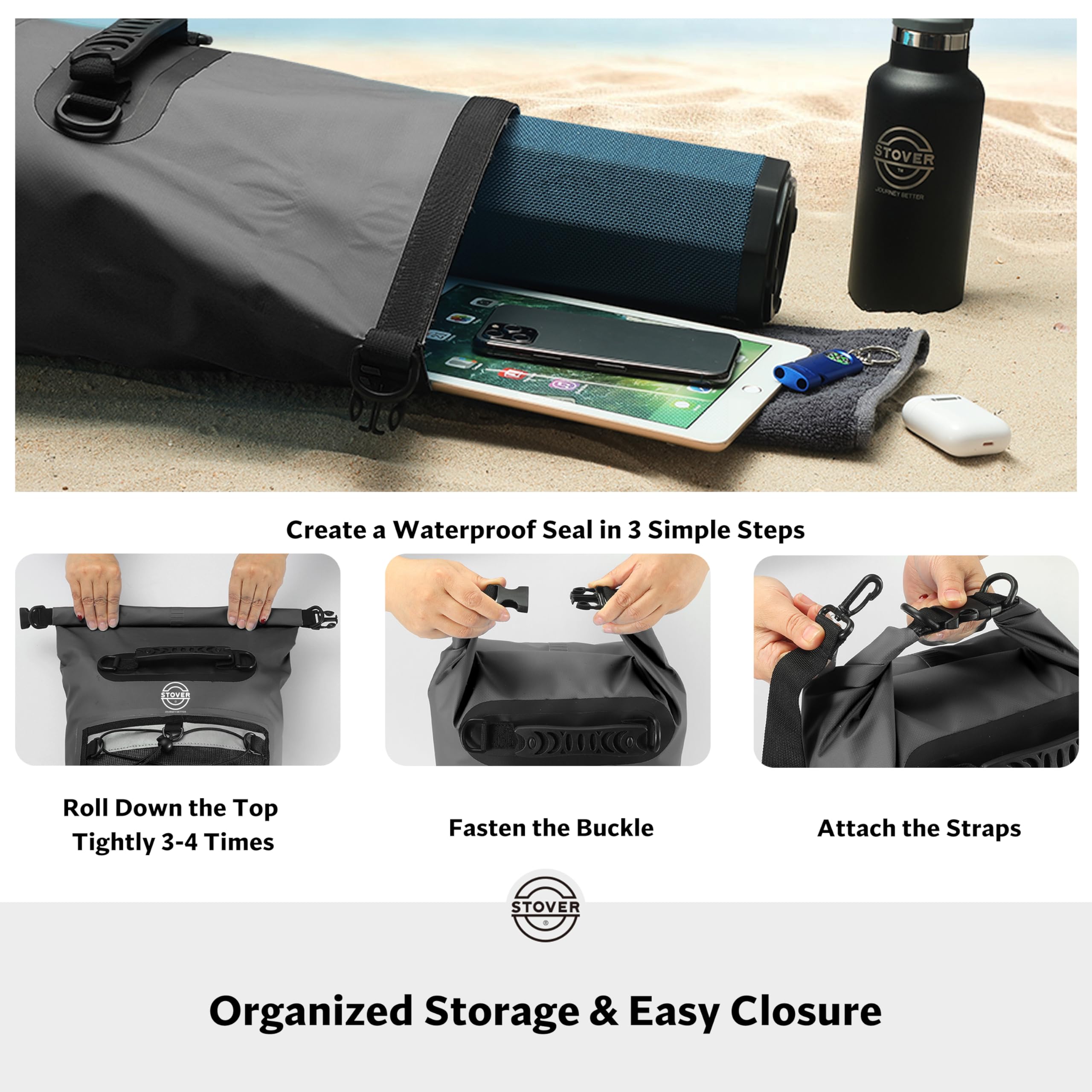 **STOVER 5L/10L/25L/30L/40L/55L Waterproof Dry Backpack - Floating Dry Bag for Kayaking, Hiking, Camping, Beach & Outdoor Activities - Heavy-Duty Roll Top Design for Men & Women (Black)**    **Use Cases:** Perfect for kayaking, hiking, camping, beach trips, fishing, tubing, motorcycle rides, and travel adventures.