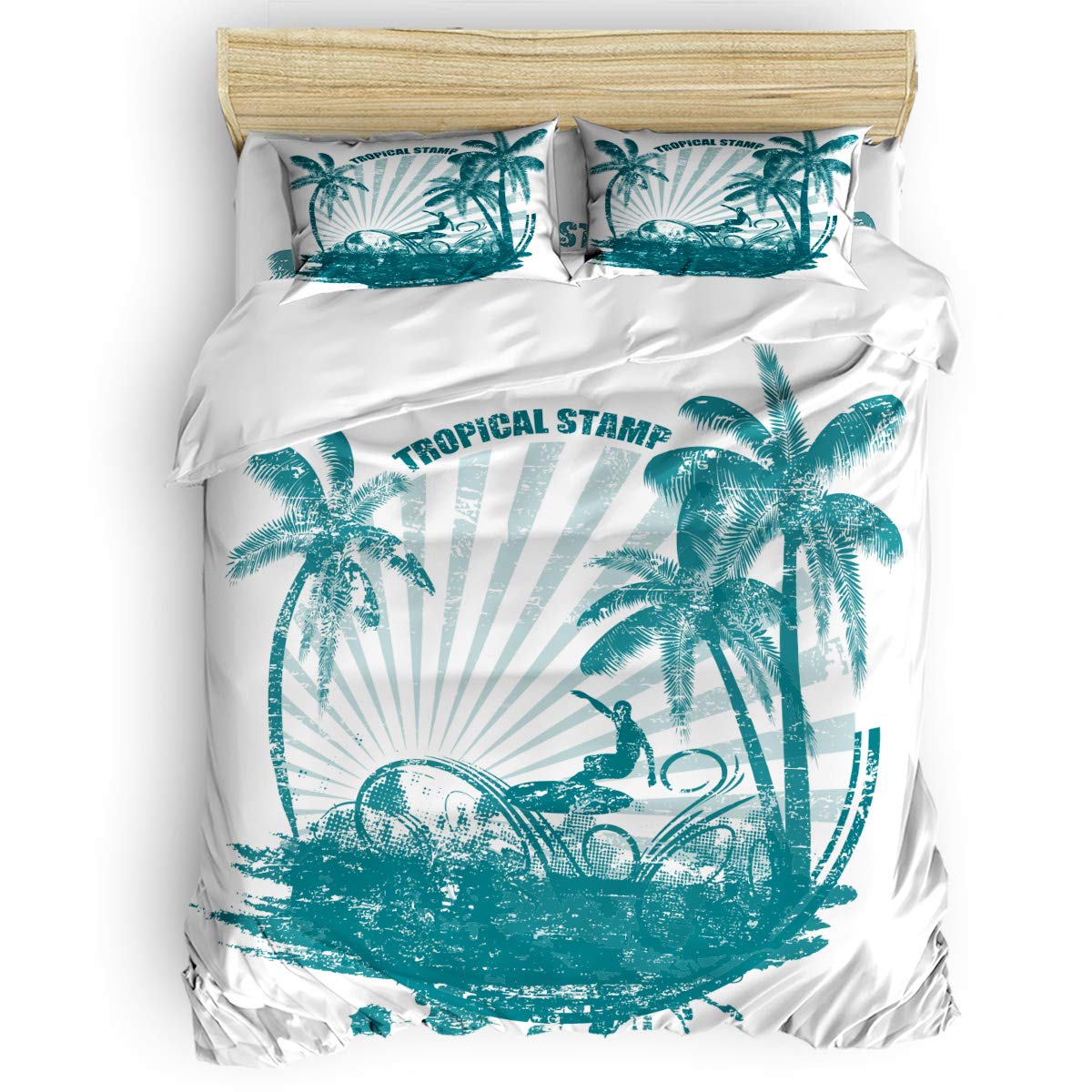 Laibao Home 4-Piece Tropical Surfer & Palm Tree Bedding Set - Soft Twin Size Sheets, Duvet Cover & Pillowcases for Kids, Teens & Adults - Perfect for Beach-Themed Bedrooms & Vacation Homes