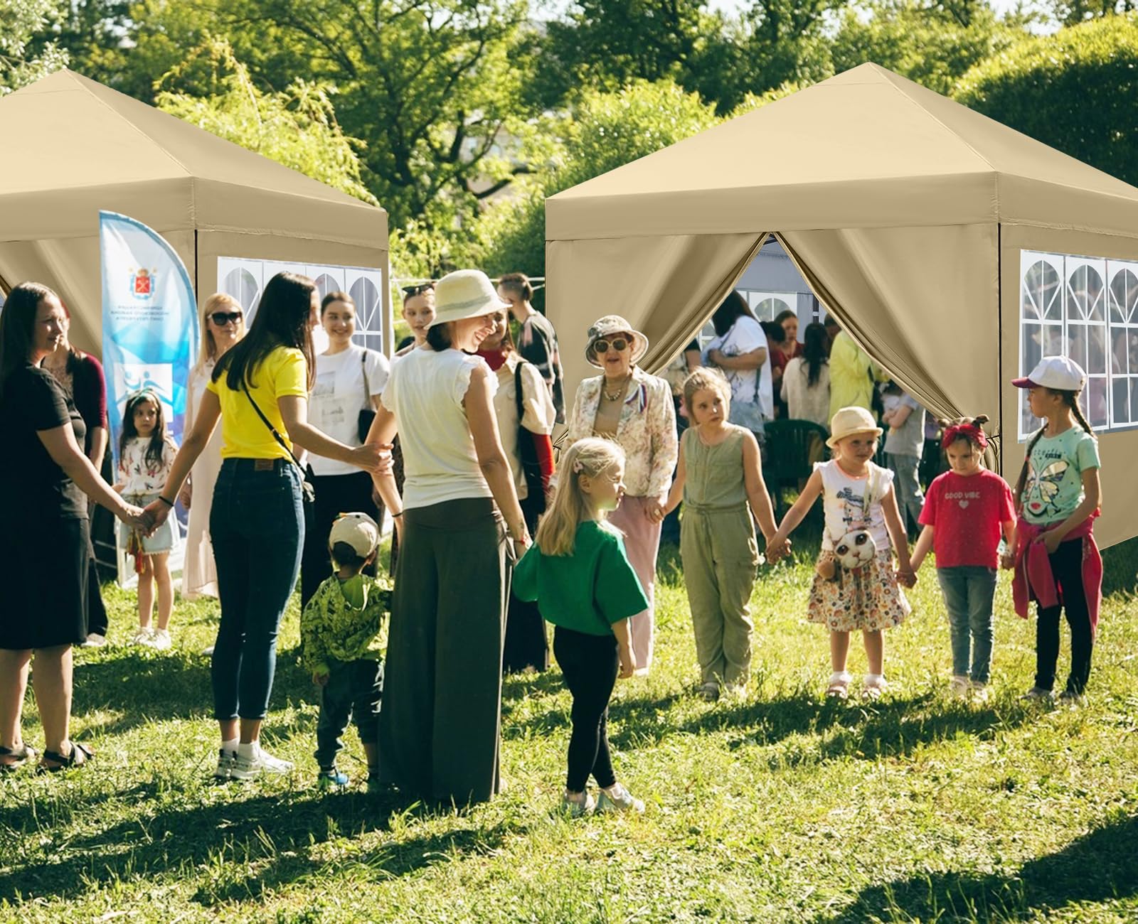 COOSHADE 8x8 Ft Pop Up Canopy Tent with Elegant Church Windows - Instant Folding Portable Shelter for Outdoor Events, Parties, Weddings, BBQ & Catering - Waterproof & UV Protection (Beige) | Perfect for Backyard Gatherings, Beach Picnics, Church Functions & Market Stalls