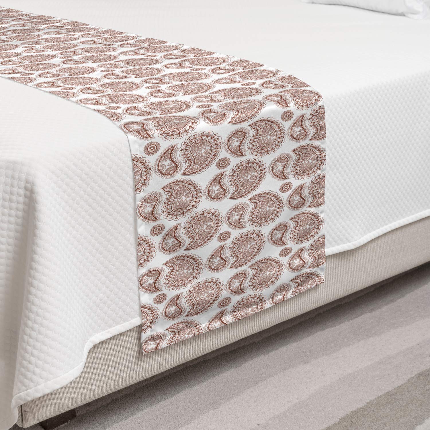 Ambesonne Brown Paisley Bed Runner - Vintage Tribal Design Decorative Bed Scarf for Queen King Beds | Hotel & Home Bedroom Decor in Chocolate White | Perfect for Guest Rooms, Master Bedrooms & Luxury Bedding Accents