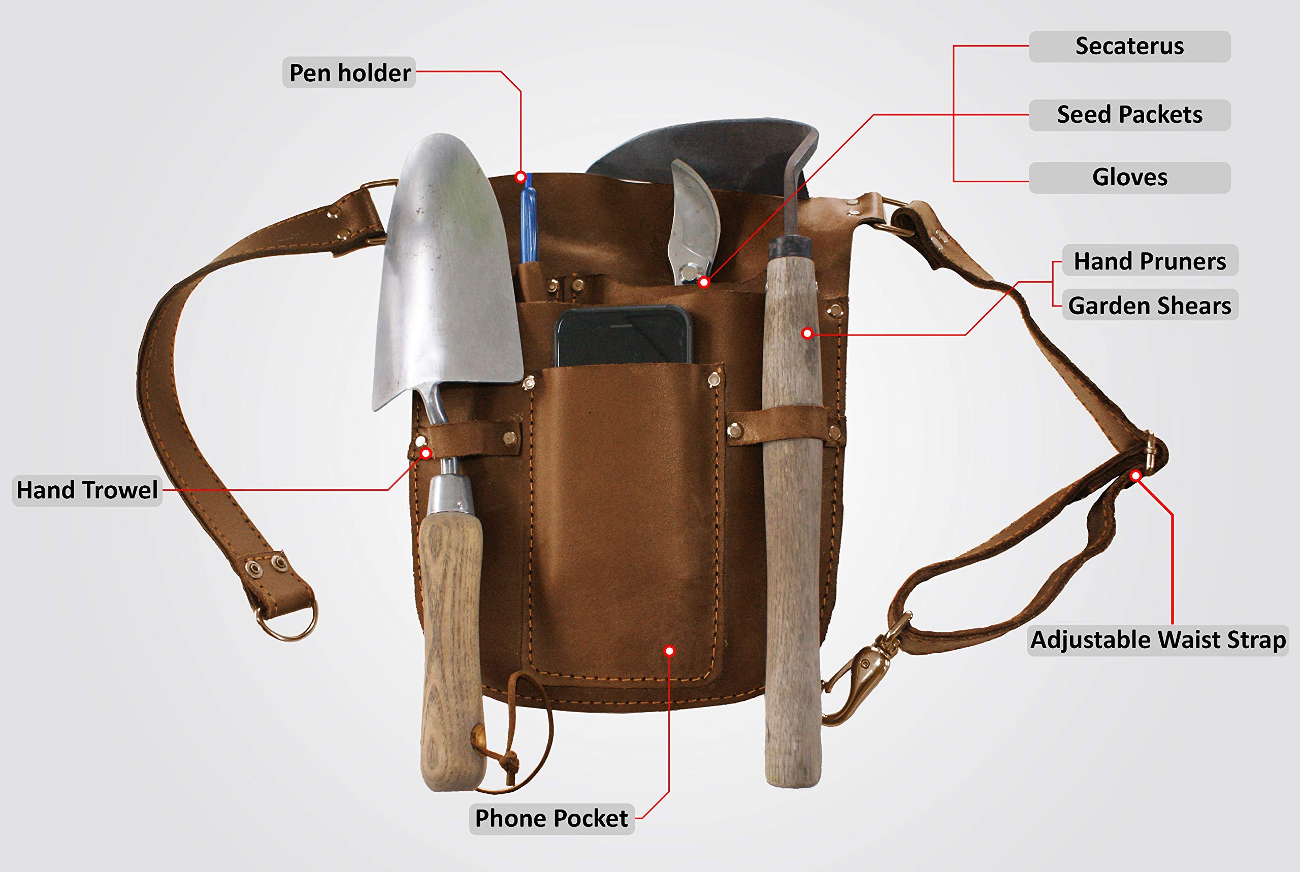 Rubys Collection™ Leather Garden Tool Belt - Adjustable Waist Strap with Multiple Pockets for Gardening, Florist Work & Outdoor Activities | Durable Leather Utility Belt for Women & Men | Perfect for Landscaping, Planting & DIY Projects