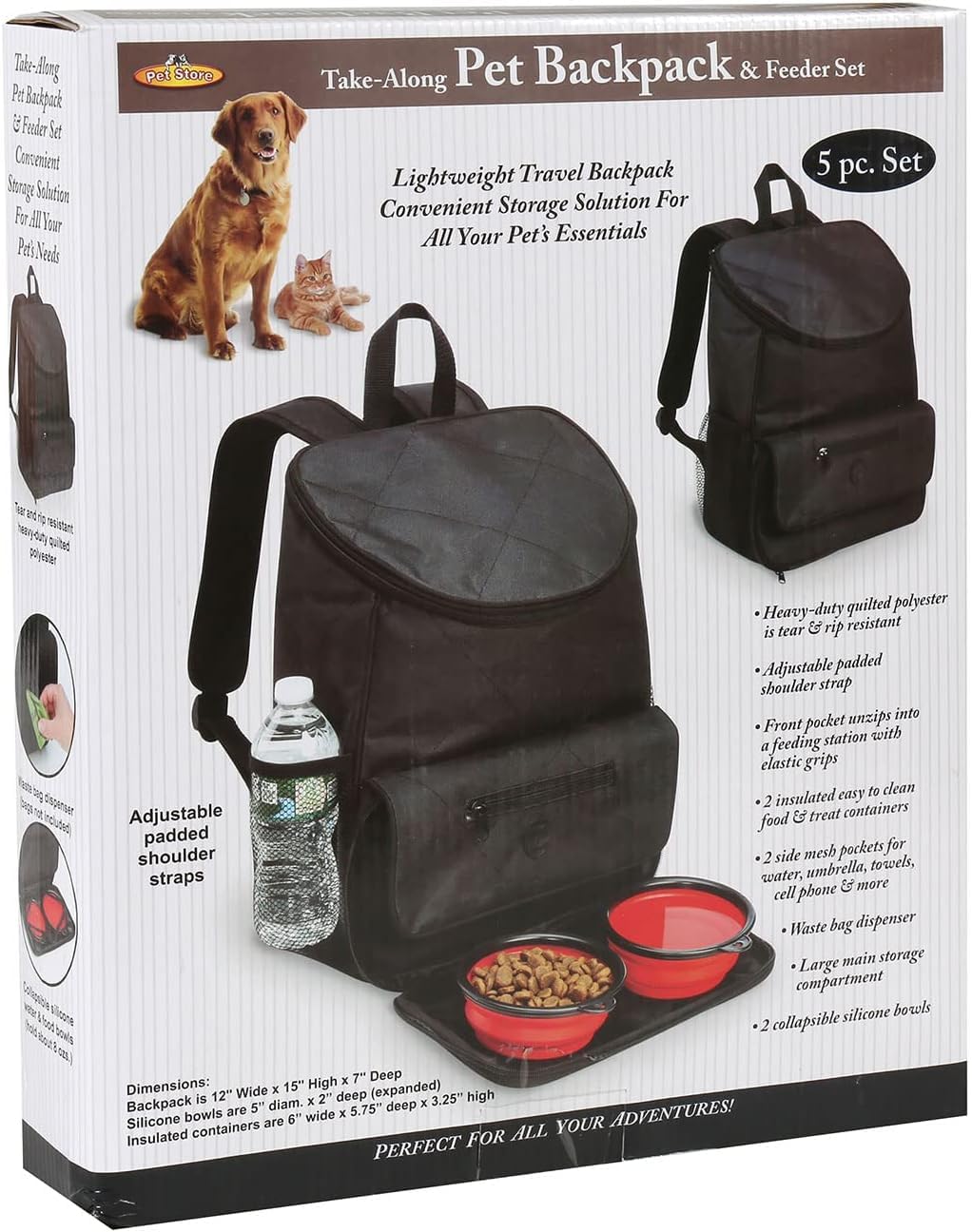 Etna Pet Travel Backpack - 5-Piece Cat & Dog Food Storage Set with Collapsible Bowls & Poop Bag Dispenser | Portable Pet Carrier for Hiking, Camping & Road Trips