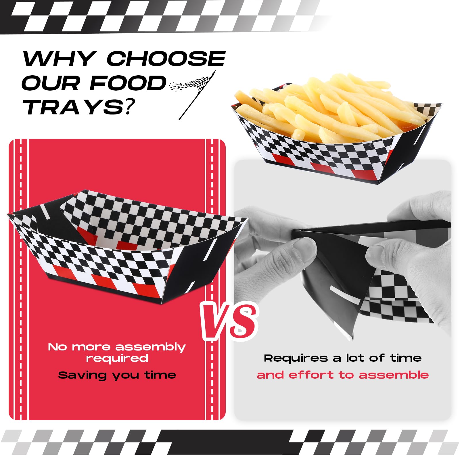 Havawish 100 Pcs Disposable Racing Party Food Trays - Black and White Checkered Nacho Snack Serving Boats for Racing Theme Parties, Birthdays & Baby Showers | Perfect for Popcorn, Chips & Finger Foods at Sports Events & Game Nights