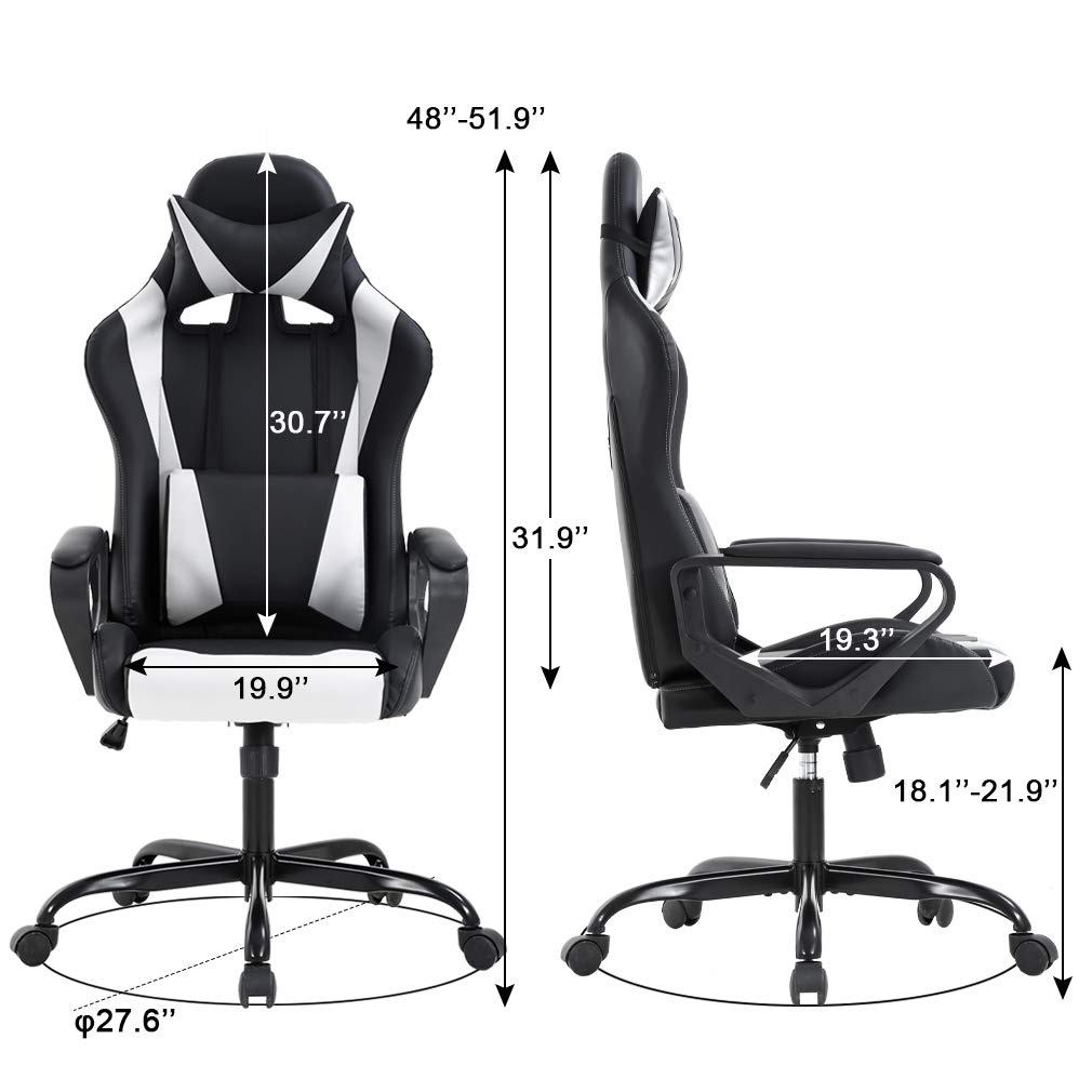 Ergonomic Gaming Chair with Massage & Lumbar Support - High Back PU Leather Racing Style Office Chair with Adjustable Headrest & Arms - Swivel Rolling Computer Desk Chair for Adults & Teens - Perfect for Gaming, Home Office & Workstations (White)