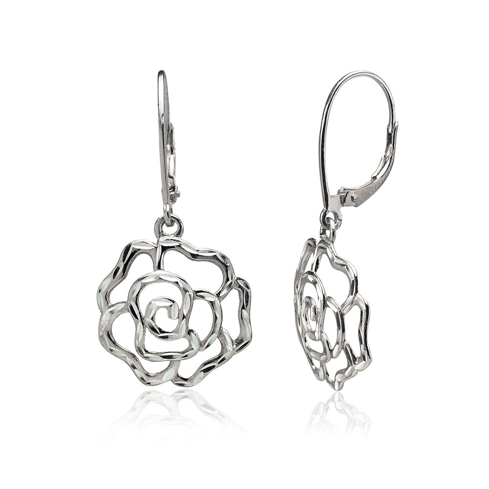 Sterling Silver Diamond-Cut Rose Flower Dangle Leverback Earrings for Women - Elegant Gift for Valentine's Day, Anniversary, Wedding & Special Occasions