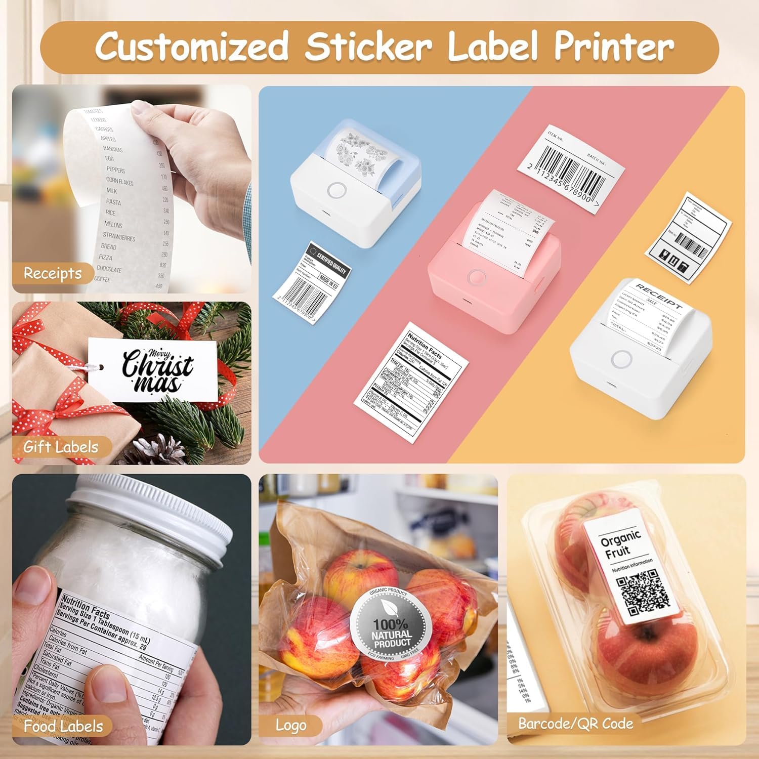 Mini Sticker Printer - Portable Thermal Printer for Phone & Tablet, 6 Roll Papers Included | Inkless Sticker Maker for Study Notes, DIY Crafts, Scrapbooking, Journals & Memos | Perfect for Students, Office & Home Organization (White)