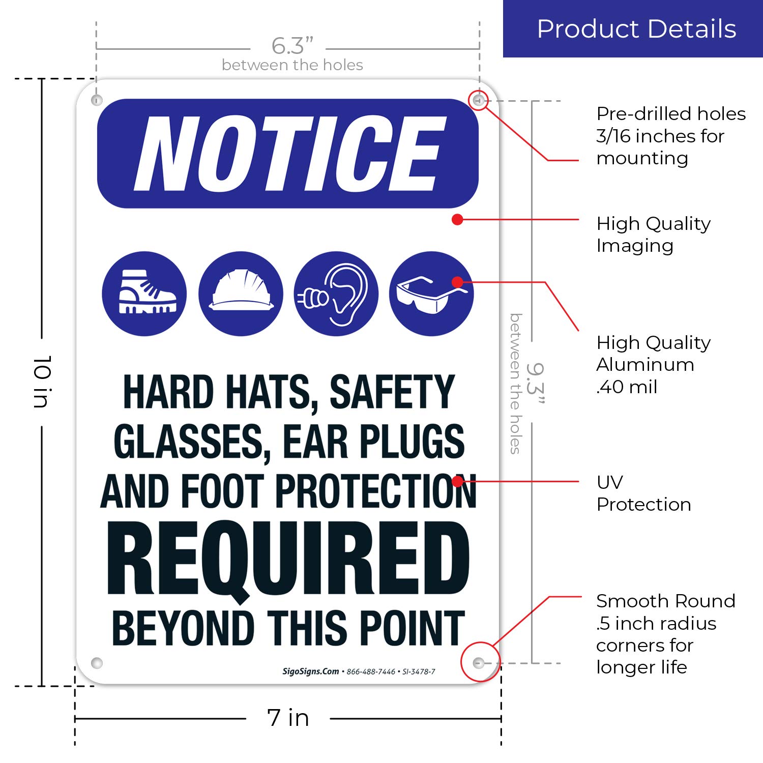OSHA Compliant Safety Signs - Hear Hats Safety Glasses Ear Plugs & Foot Protection Required Sign | 10x7 Inch Rust-Free .040 Aluminum | Fade-Resistant for Indoor/Outdoor Use | Made in USA | Perfect for Construction Sites, Factories & Warehouses