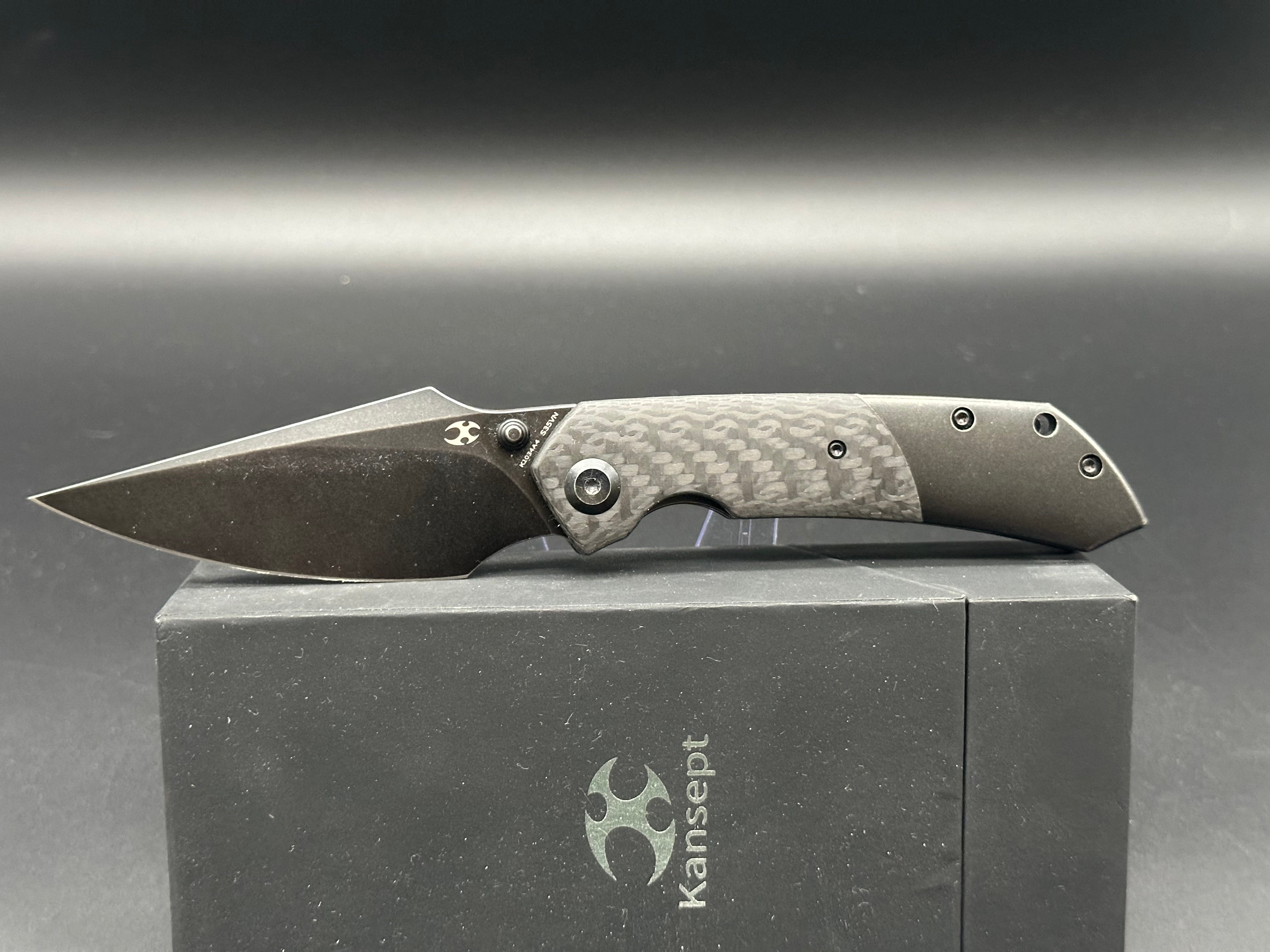 KANSEPT FENRIR Folding Knife - S35VN Plain Black Blade, Twill Carbon Fiber & Black Titanium Handle (K1034A4) | EDC, Outdoor Survival, Camping & Tactical Use