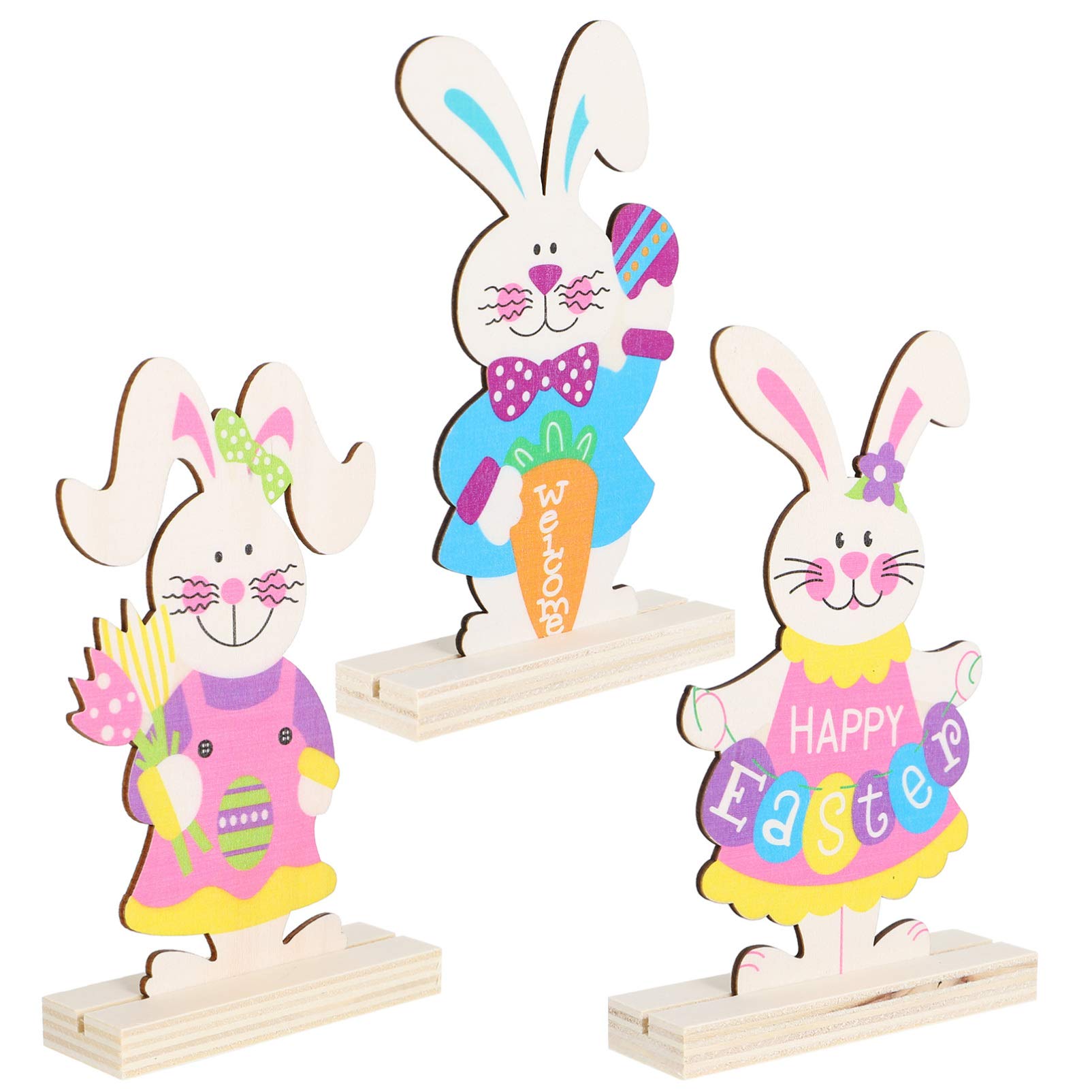 PRETYZOOM 3-Piece Easter Wooden Decor Set - Colorful Standing Bunny with Bow Tie, Rabbit & Egg Wood Crafts - Home Decor, Holiday Ornaments & Gift Ideas for Easter Celebrations, Spring Home Accents & Party Decorations