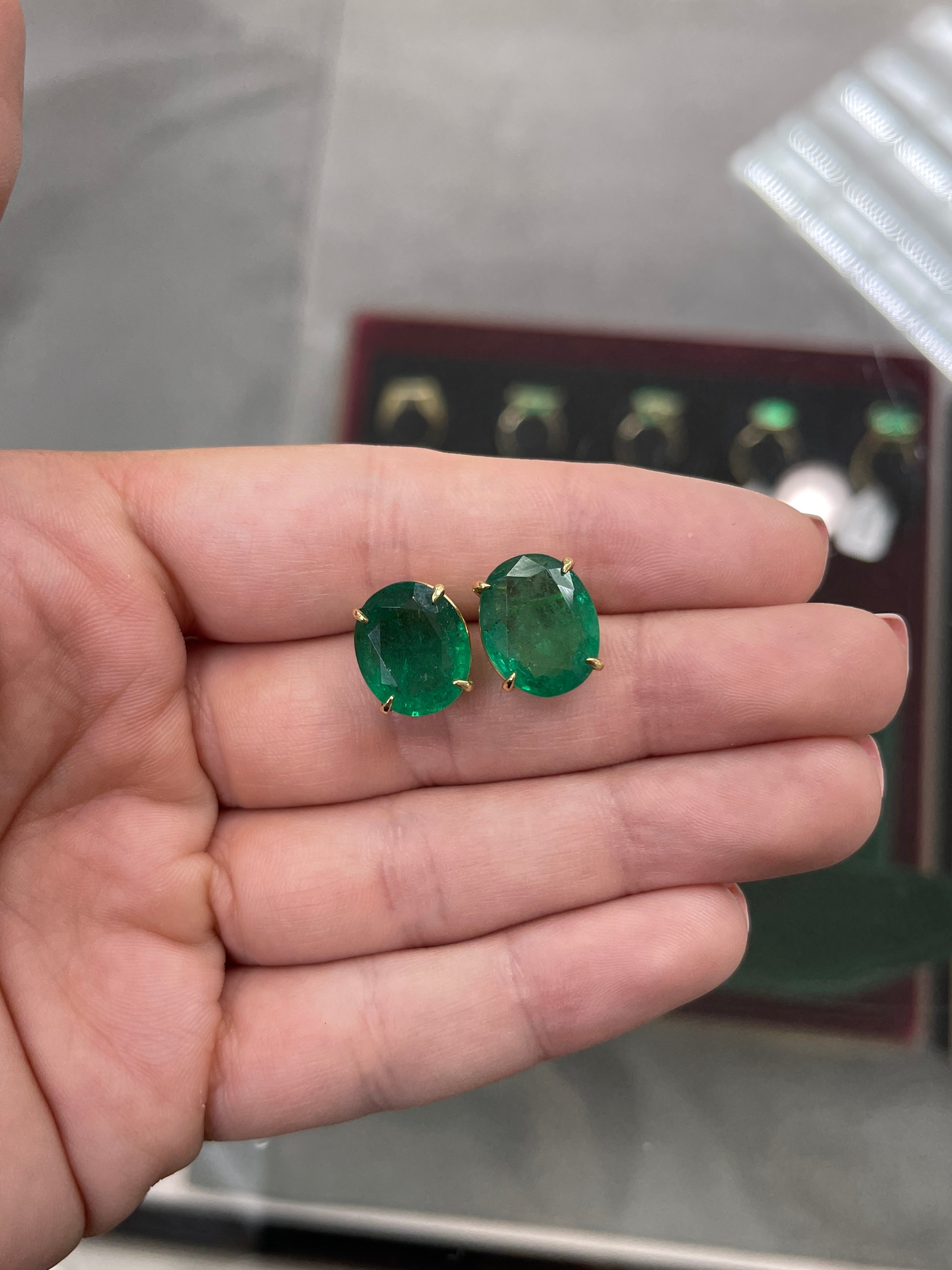 13.61tcw AAA Fine Quality HUGE Dark Green Zambian Oval Stud Earrings in 18K Gold - Perfect for Evening Parties, Weddings & Special Occasions