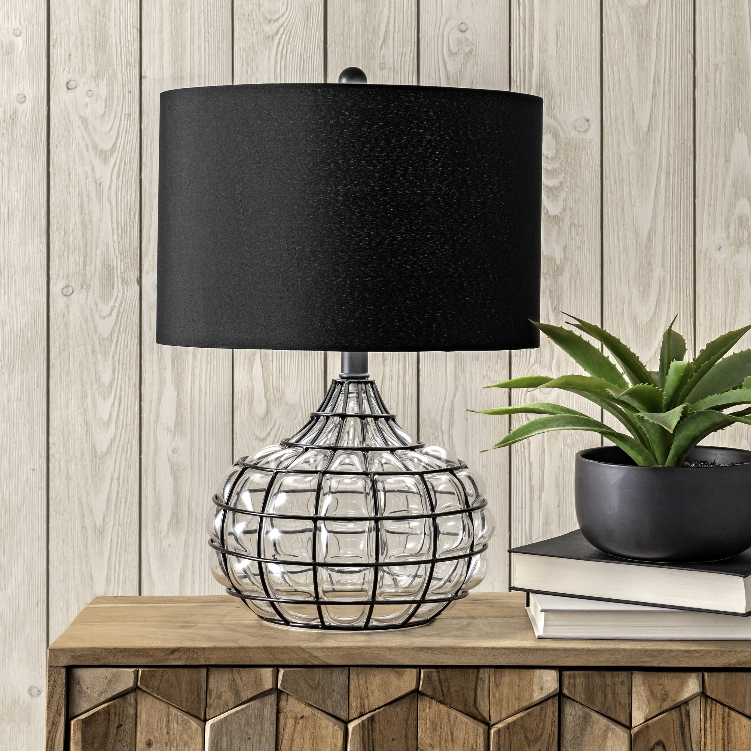 20 Inch Black Wire Framed Glass Vase Table Lamp - Modern Home Decor for Living Room, Bedroom & Office Lighting