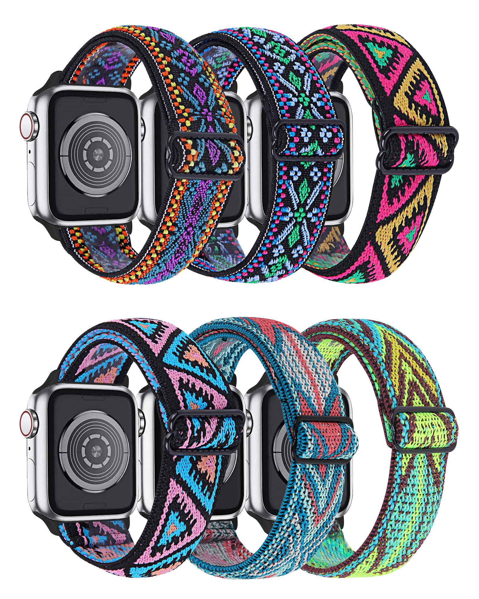 HYZ Compatible Stretchy Apple Watch Bands for Women - Soft Elastic Braided Solo Loop Strap (6 Pack) - Fits 38mm 40mm 41mm 44mm 45mm 49mm Ultra - Perfect for Workouts, Running, Yoga & Everyday Wear