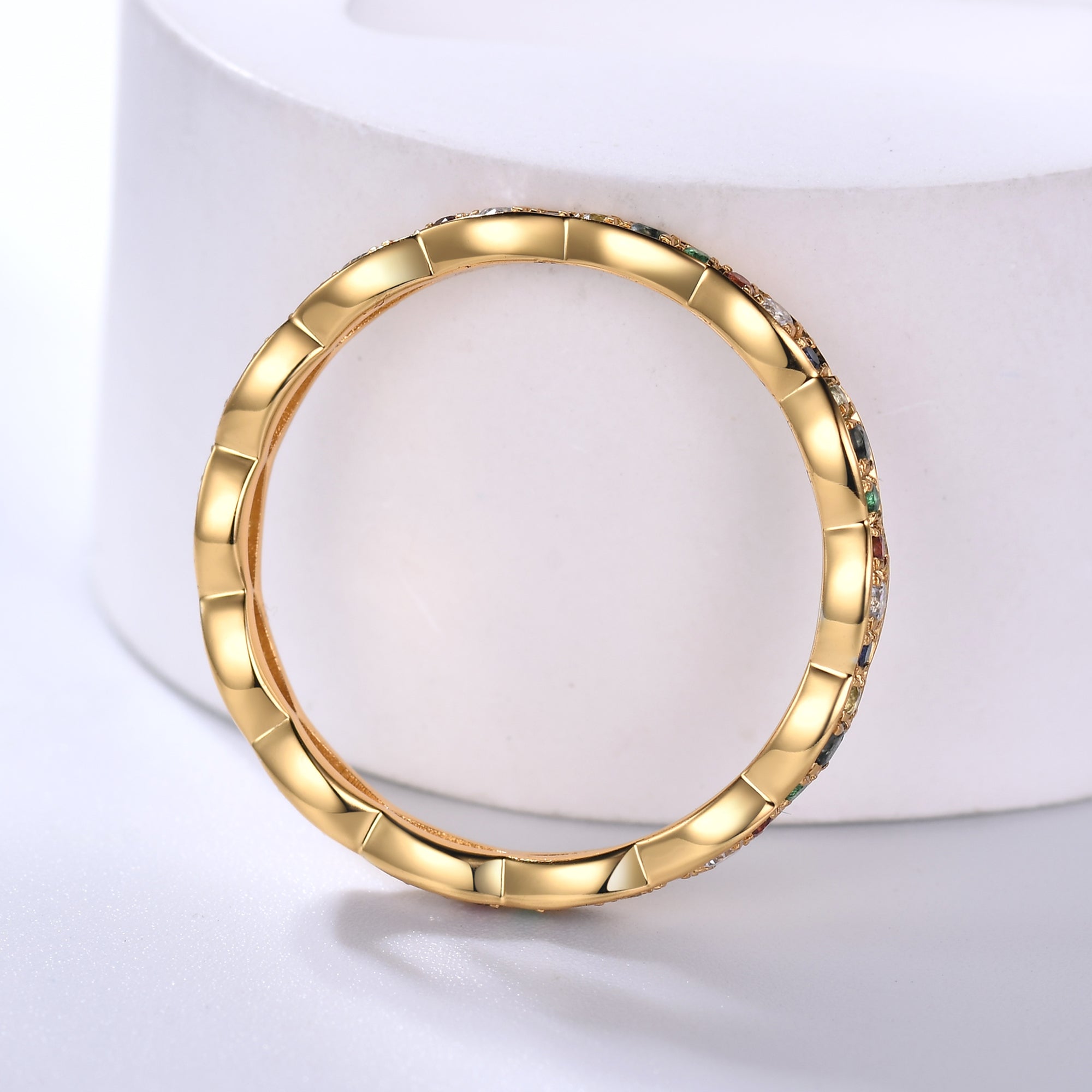 Moss Agate Wedding Band Family Birthstone Ring in Yellow Gold with Rainbow Colors - Perfect for Anniversaries, Engagements, and Special Occasions