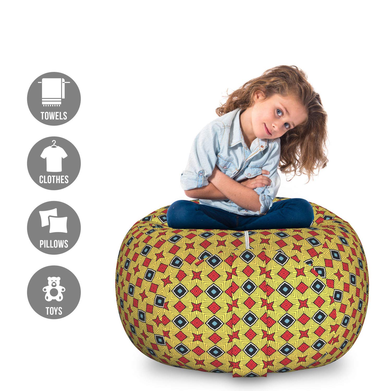 Ambesonne Abstract Geometric Toy Storage Bag Chair - Large Washable Stuffed Animal Organizer with Retro Streaks & Details - Perfect for Kids' Room, Playroom & Nursery Organization (Multicolor)