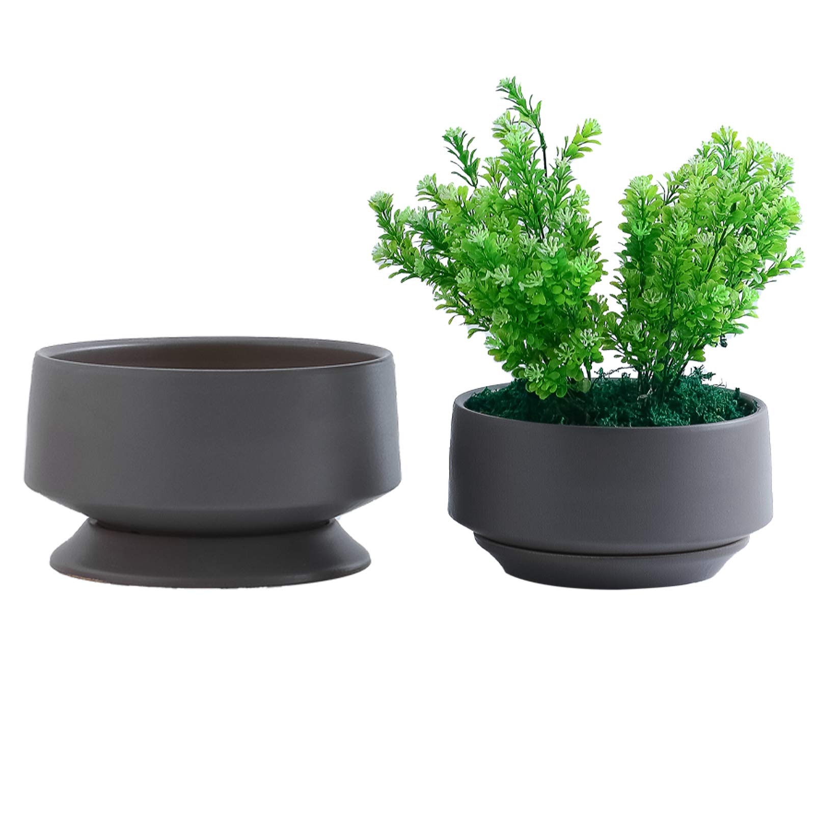 Premium Ceramic Planter Set of 2 with Drainage Hole & Saucer - Modern Glazed Indoor Cylinder Plant Pots for House Plants, Bonsai, Succulents - Matte Grey Medium Size | Perfect for Home Decor, Office Desk & Gift Giving