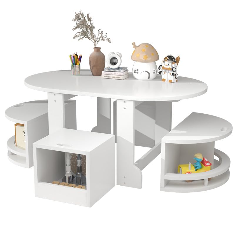 White Kids Table and Chairs Set - Elliptical Toddler Table with 4 Stools & Storage, Nesting Design for Ages 2-6 | Perfect for Playroom, Preschool Learning, Arts & Crafts Activities