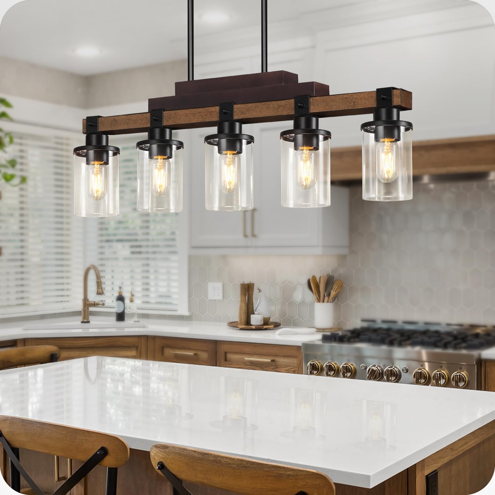 5-Light Kitchen Island Pendant Lighting Fixture - Heavy Duty Modern Dining Room Chandelier with Glass Shades, E26 Base - Perfect for Kitchen, Dining Room, Bar Counter & Breakfast Nook Lighting