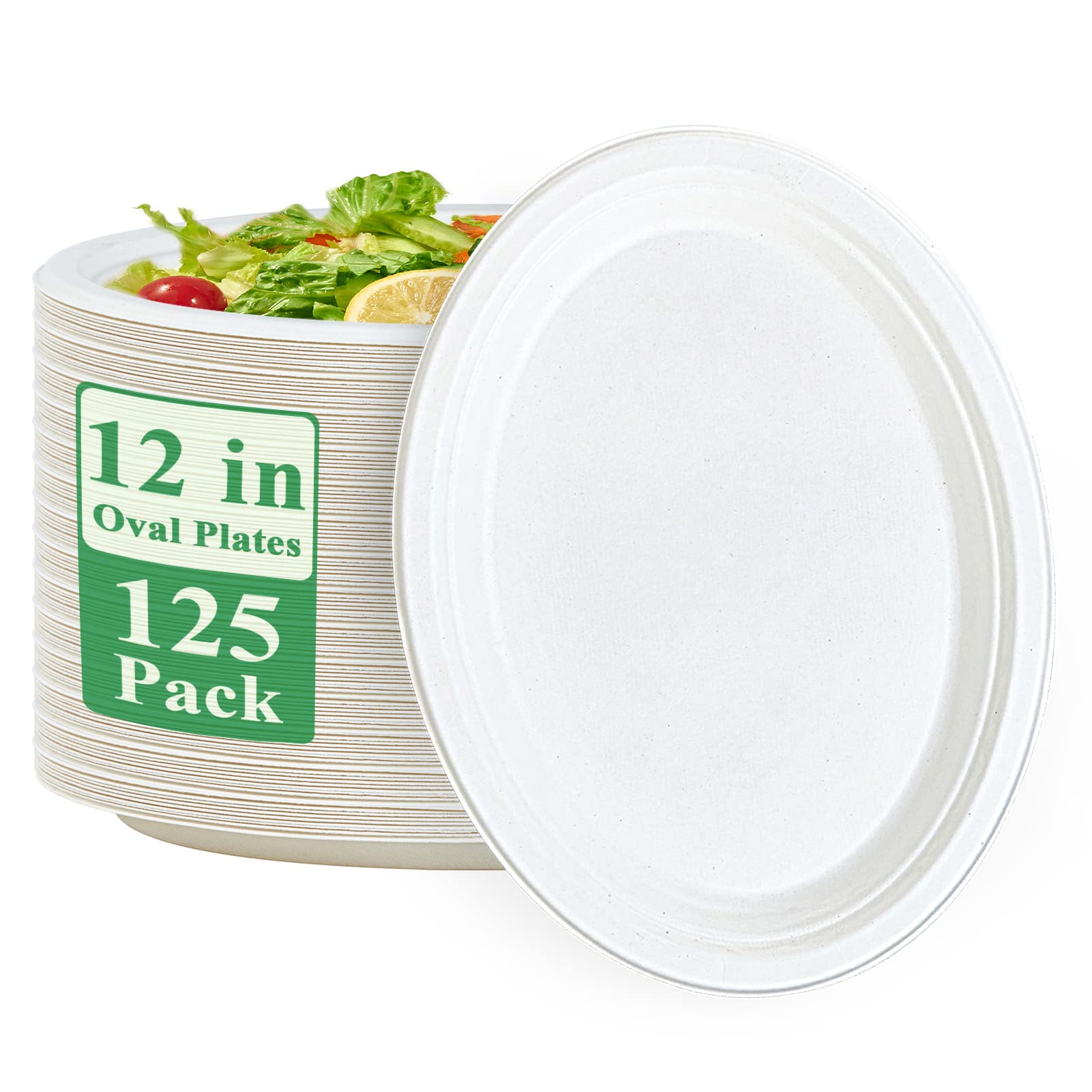Vplus 100% Compostable Oval Paper Plates 12 inch - 125 Pack Super Strong Disposable Bagasse Plates | Eco-Friendly, Biodegradable, Natural Sugarcane Plates for BBQ, Party, Dinner, Picnic & Outdoor Events | Perfect for Family Gatherings, Camping & Sustainable Living