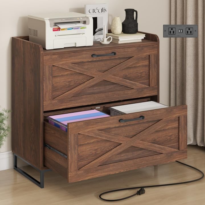 2-Drawer Lateral File Cabinet with Charging Station - Letter/Legal/A4 Size Hanging Files - Wood Office Storage Cabinet & Printer Stand - Dark Walnut - Perfect for Home Office Organization & Workspace Efficiency