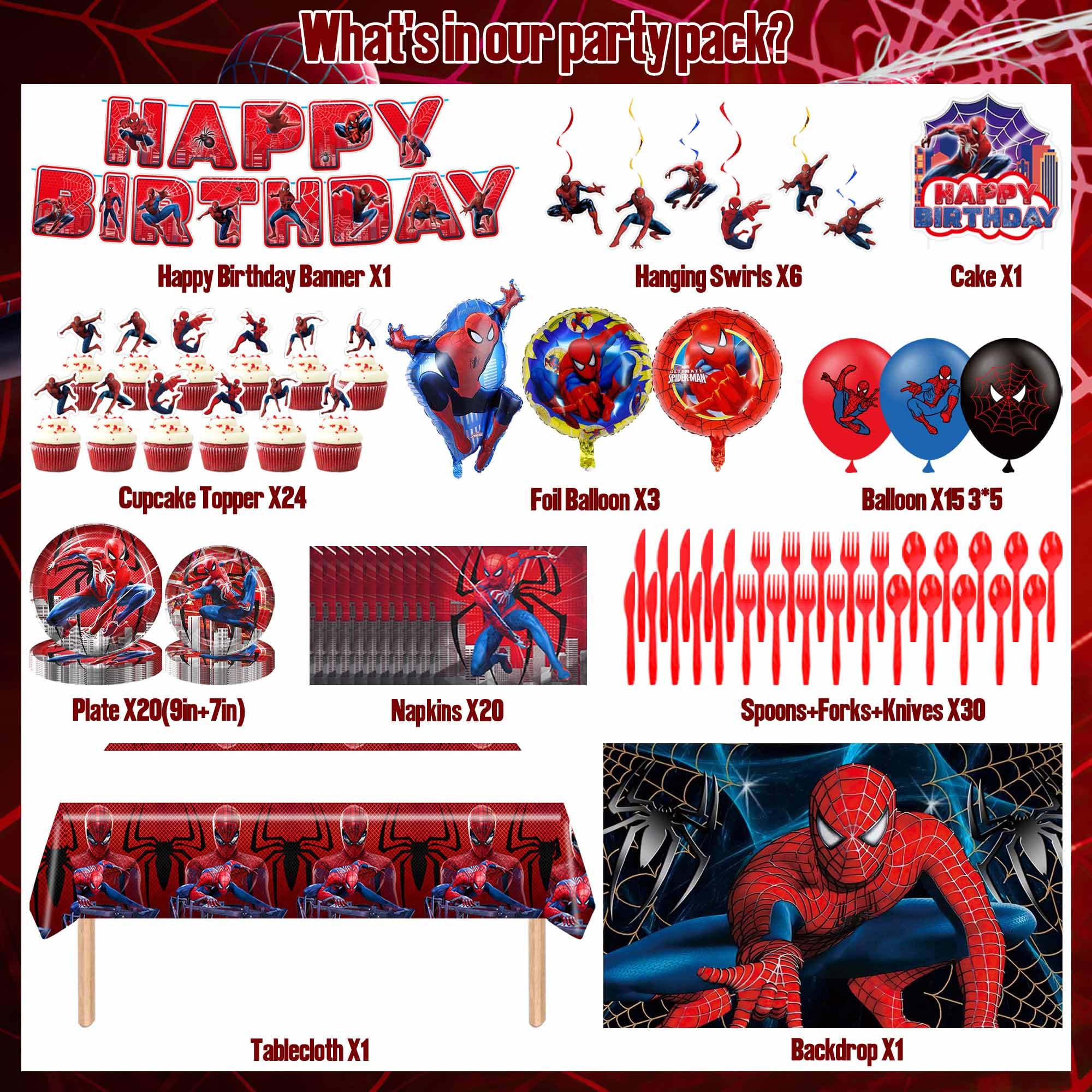 Spider Themed Birthday Party Decorations Kit - Includes Tablecloth, Paper Plates, Banner, Balloons, Backdrop, Hanging Swirls & Cupcake Toppers for 10 Guests | Perfect for Halloween, Kids Birthday Parties & Spooky Themed Events