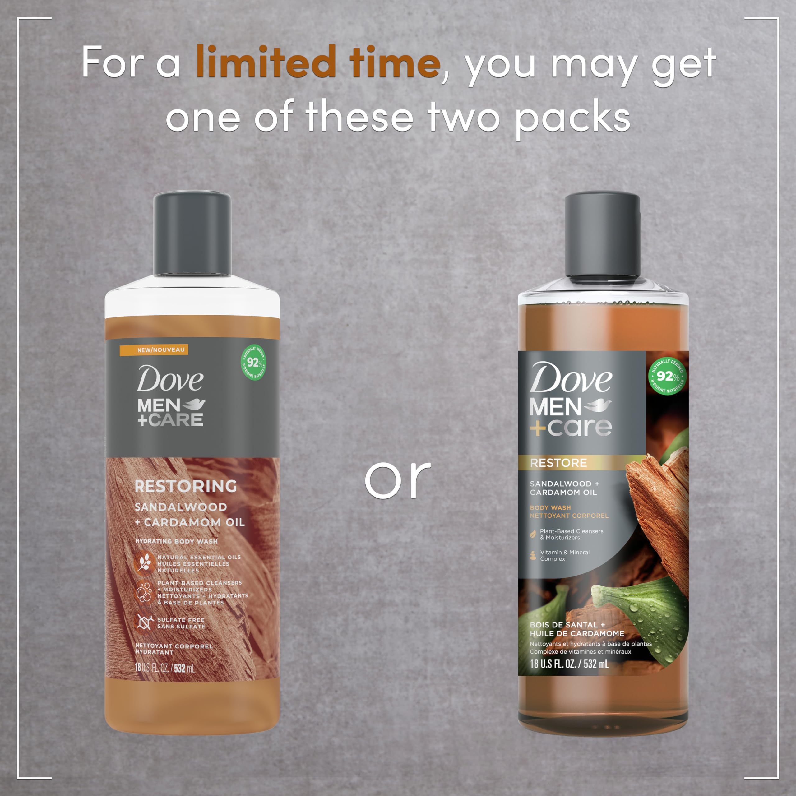 Dove Men+Care Body Wash for Dry Skin - Sandalwood & Cardamom Scented Shower Gel with Natural Oils (4 Pack, 18 oz Each) | Plant-Based Cleansers & Moisturizers | Post-Workout & Daily Shower Essential for Men