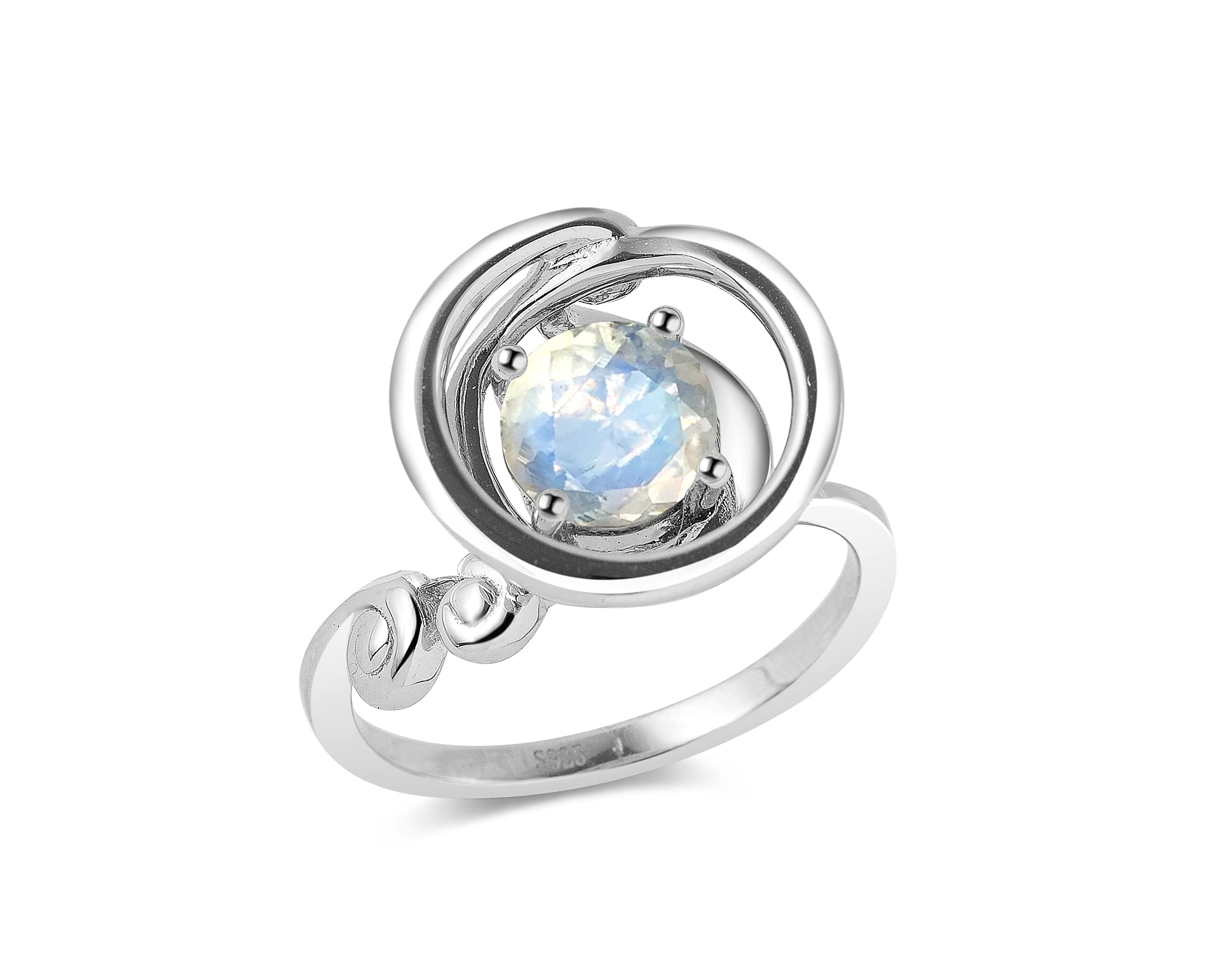 Rainbow Moonstone Ring for Women - Sterling Silver June Birthstone Solitaire Ring - Unique Circle Wave Design for Her - Perfect for Gifts, Weddings & Everyday Wear