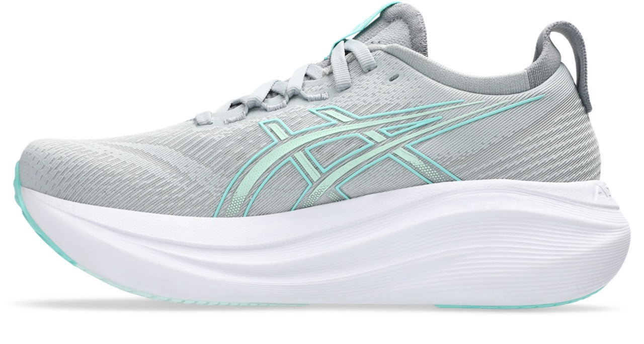 ASICS Women's Gel-Nimbus 27 Wide Running Shoes - Piedmont Grey/Illuminate Mint - Cushioned Support for Long Distance Running & Gym Workouts