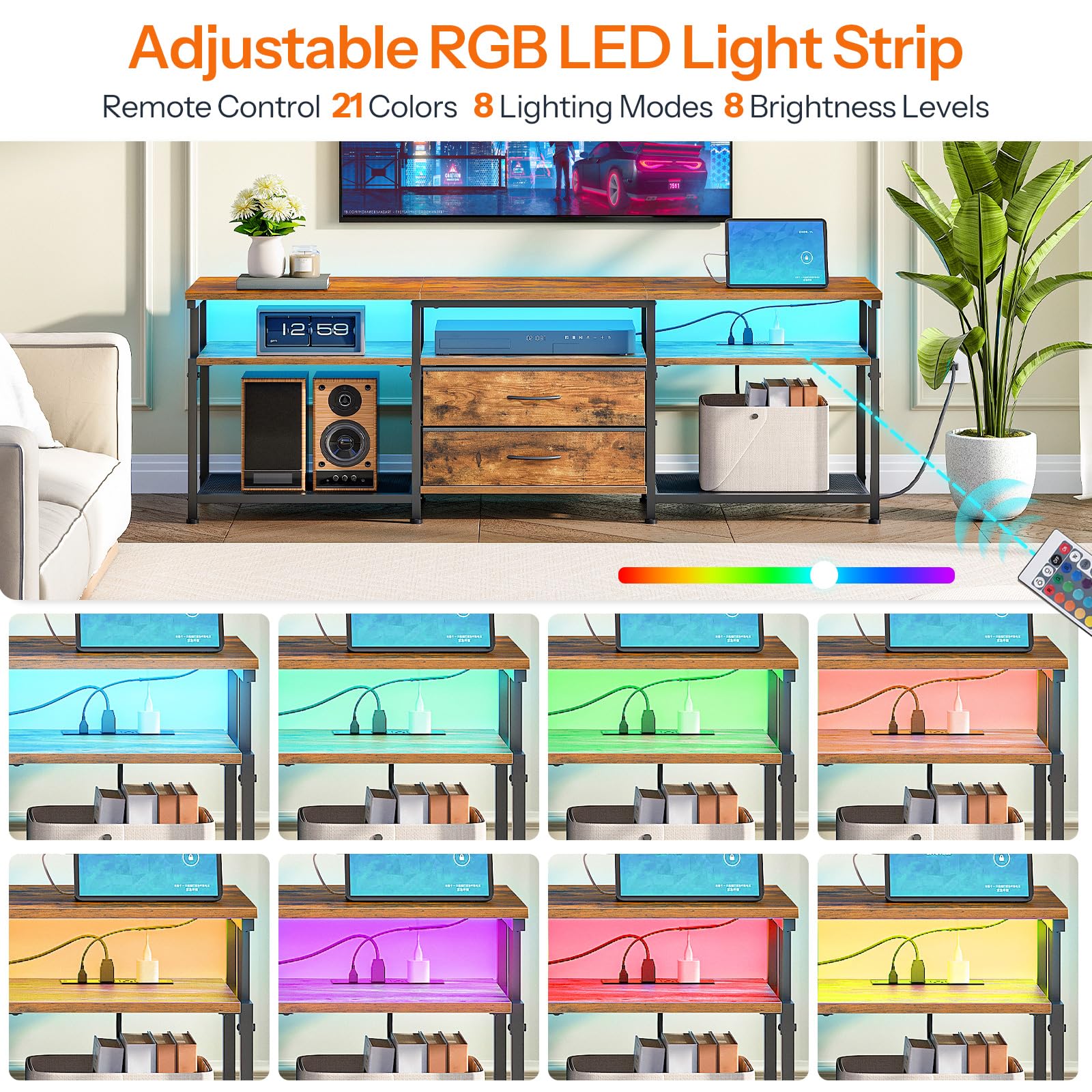 HOOBRO 75 Inch TV Stand with Power Outlet & LED Lights - Modern Rustic Brown Entertainment Center with 2 Non-Woven Drawers - Perfect for Living Room, Bedroom Home Theater Setup (Model BF55UDDS01)