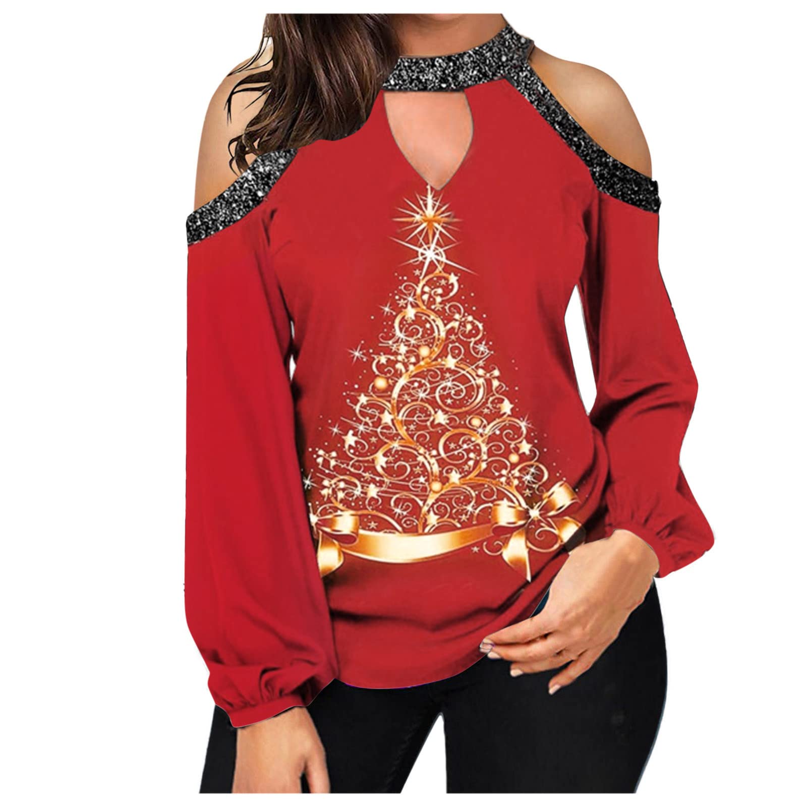 FMCHICO Women's Off Shoulder Long Sleeve Christmas Sweater - Casual Pullover Blouse for Holiday Parties, Family Gatherings & Winter Outfits
