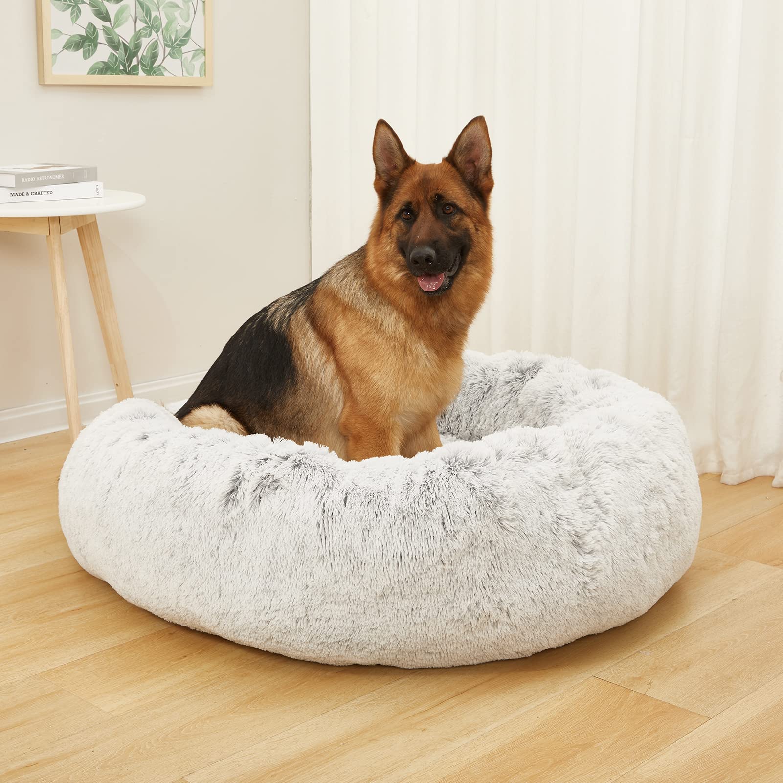 Calming Donut Dog Bed for Extra Large Dogs - 45 Inch Round Plush Anti-Anxiety Pet Bed with Non-Slip Bottom, Washable & Fluffy - Light Grey XL | Perfect for Crate Training, Anxiety Relief & Cozy Napping