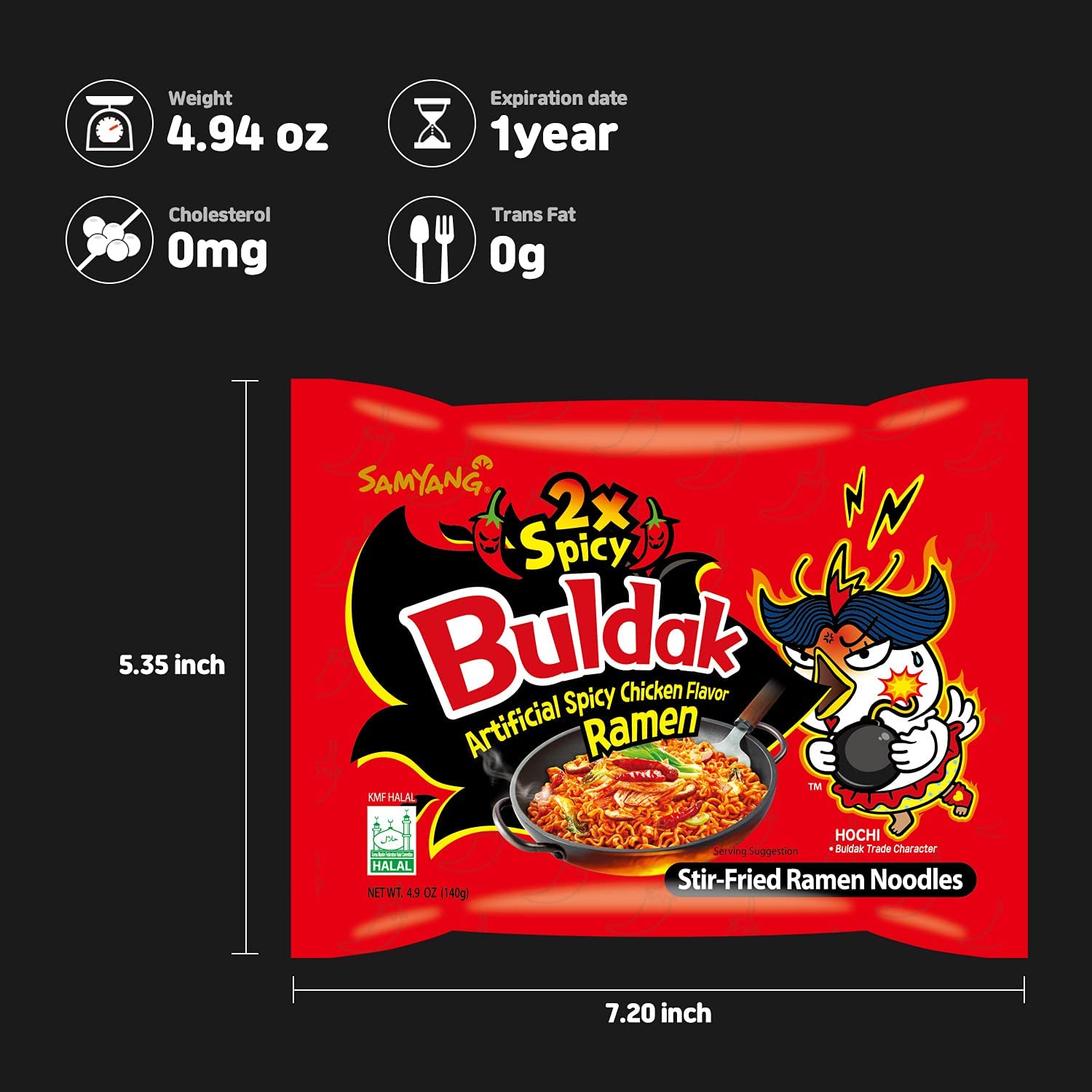 Samyang 2X Spicy Hot Chicken Buldak Stir-Fried Ramen Noodles - 4.94 oz (5-Pack) | Korean Instant Noodles for Spicy Food Lovers | Perfect for Late Night Snacks, Quick Meals & Spicy Challenges