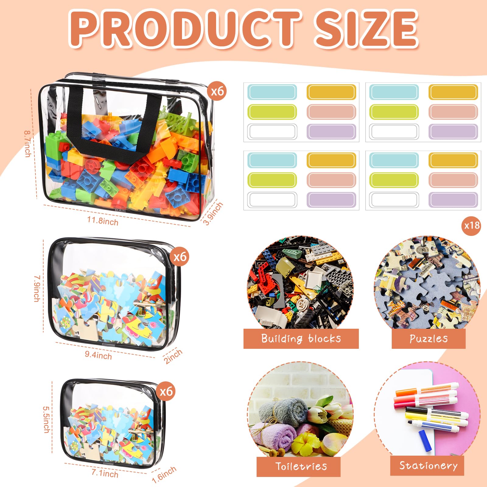 18 Pack Large Clear PVC Toy Storage Bags with Zipper & Labels - Waterproof Travel Organizer for Kids Toys, Building Blocks, Puzzles & Books (Black) - Perfect for Home Organization, Playroom Storage & Travel