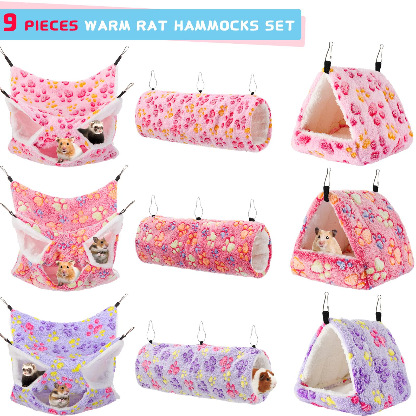 9-Piece Rat Hammock Set for Guinea Pigs & Ferrets - Small Pet Hanging Tunnel, Glider Toy & Hideout Bed Cage Accessories for Hamsters (Purple, Pink, Rose Red, Paw Print) - Perfect for Small Animal Playtime & Cage Enrichment
